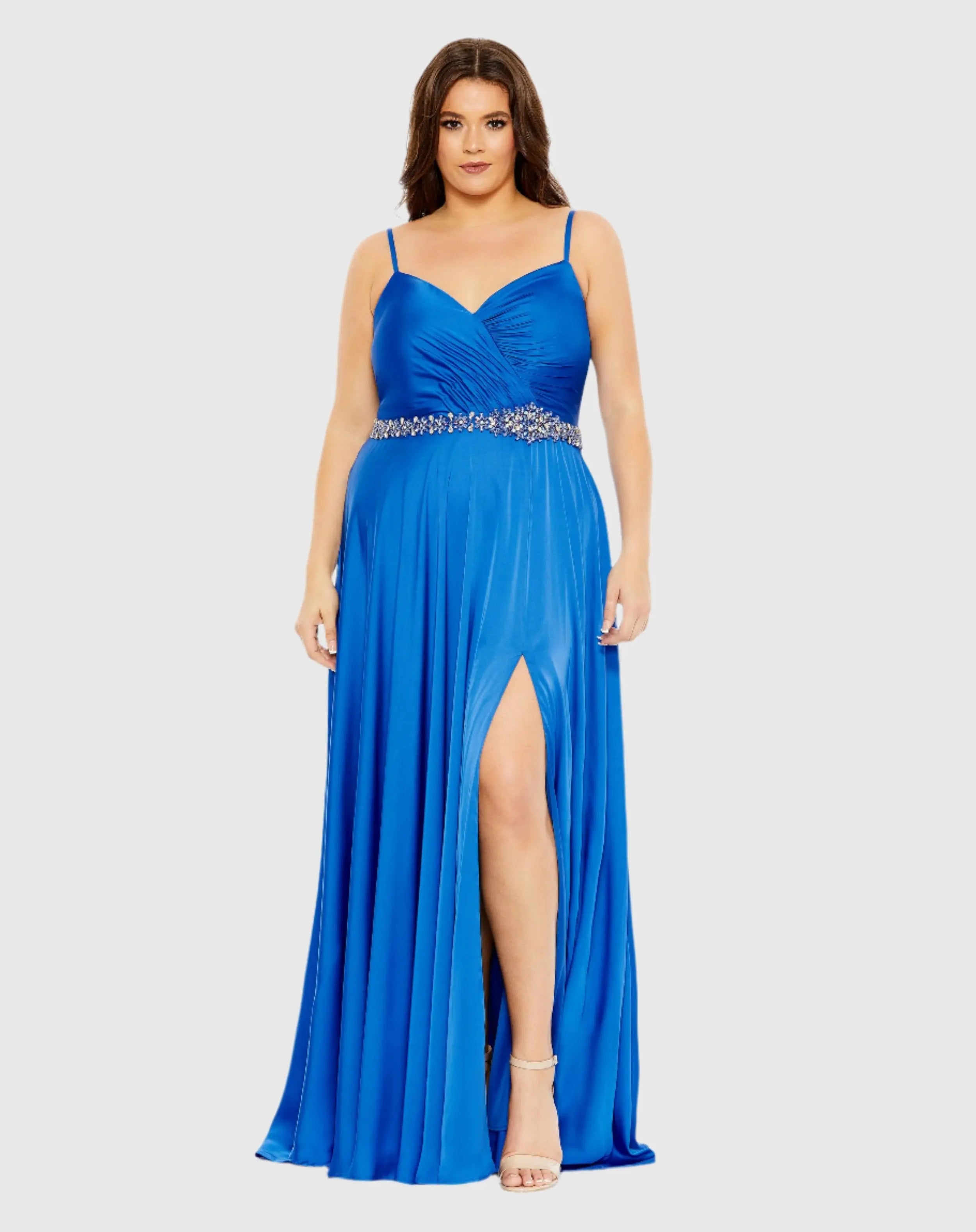 Blue Beaded Belt Faux Wrap A Line Gown (Plus) - FINAL SALE-Myartka