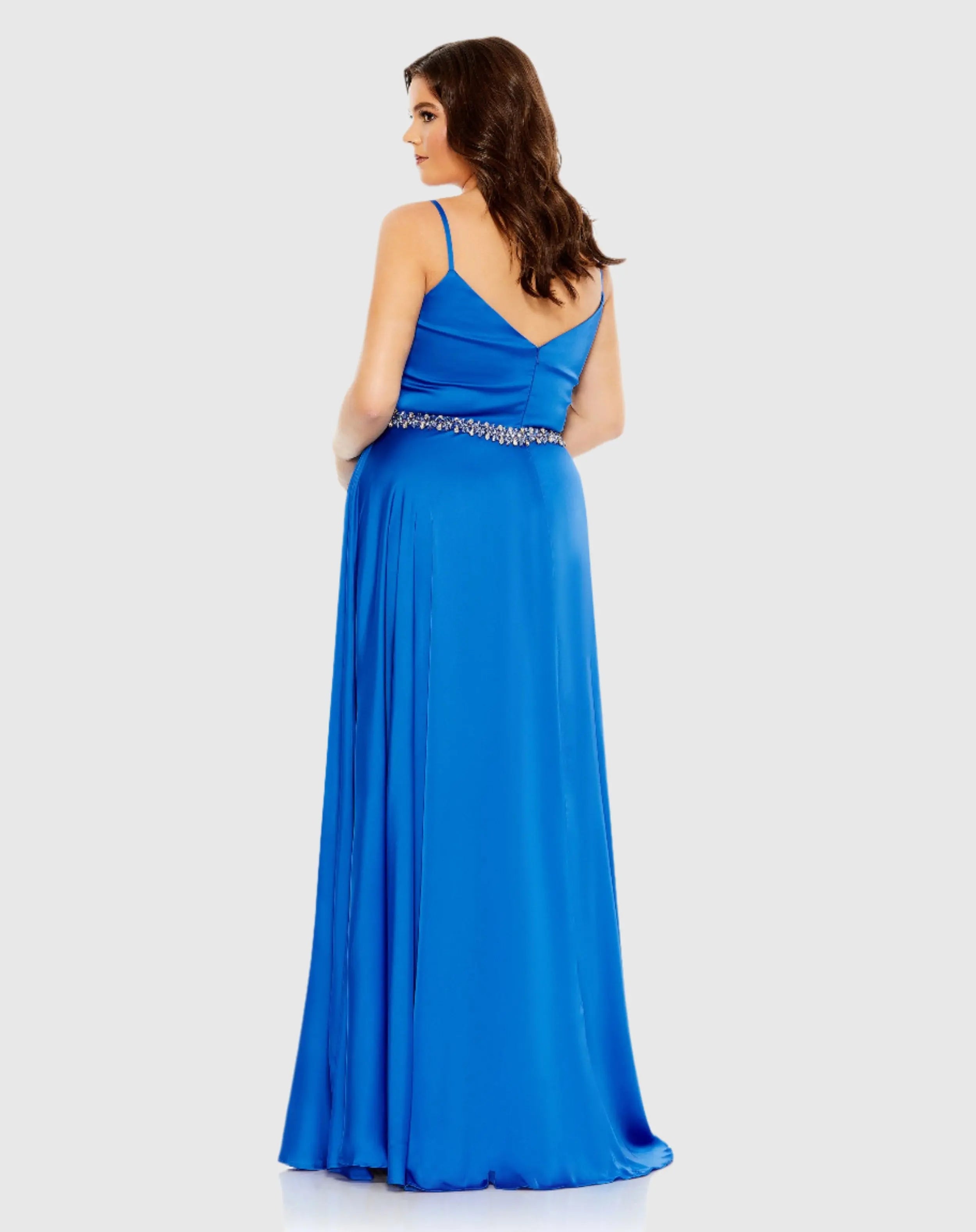 Blue Beaded Belt Faux Wrap A Line Gown (Plus) - FINAL SALE-Myartka