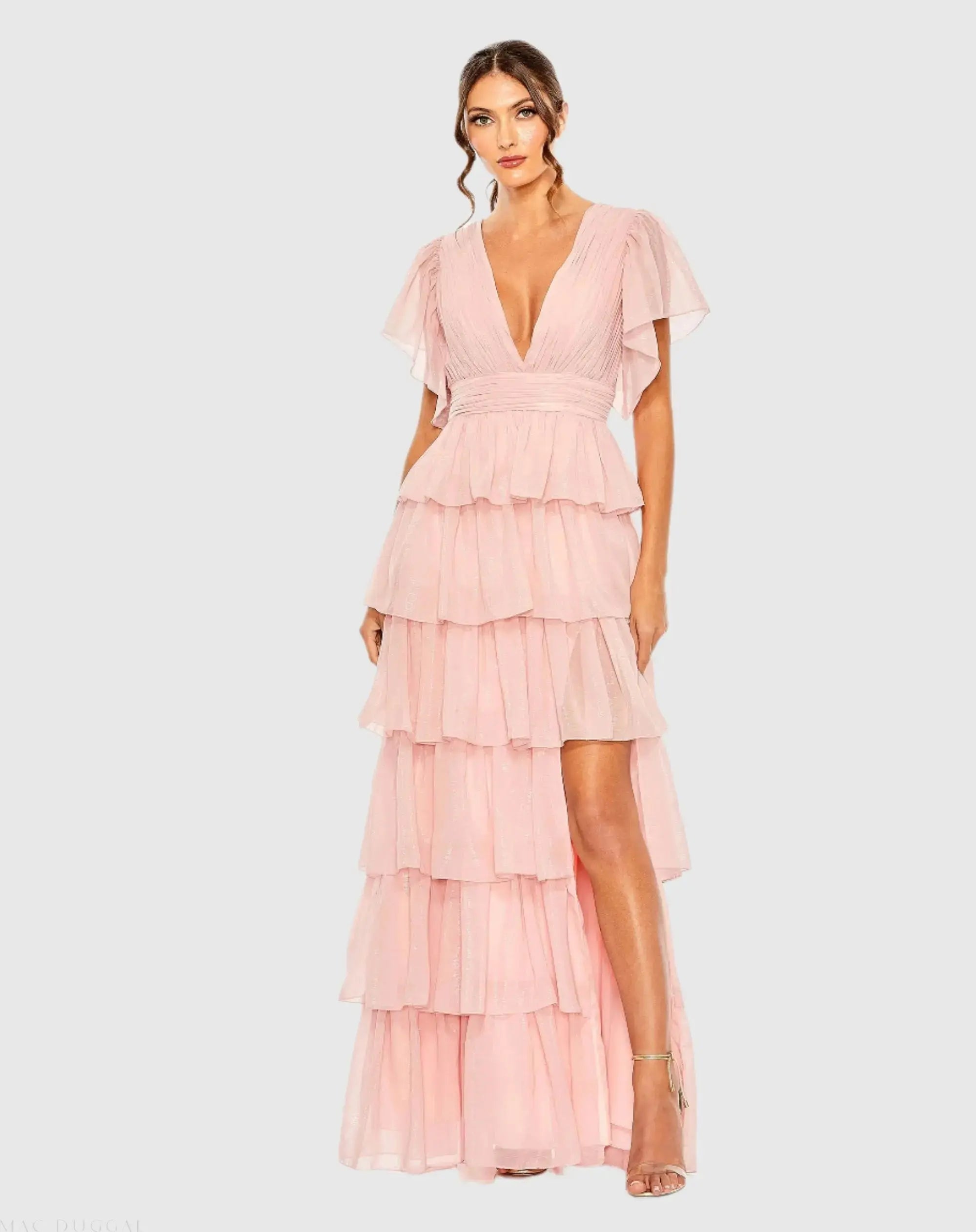 Pink Flutter Sleeve Ruffle Tiered Gown-Myartka