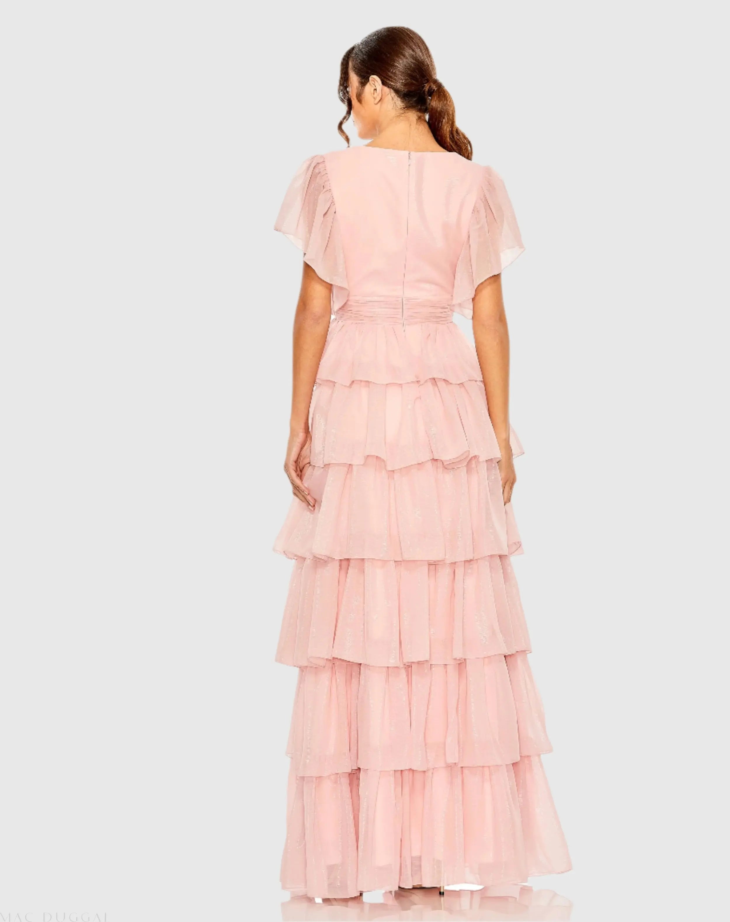 Pink Flutter Sleeve Ruffle Tiered Gown-Myartka