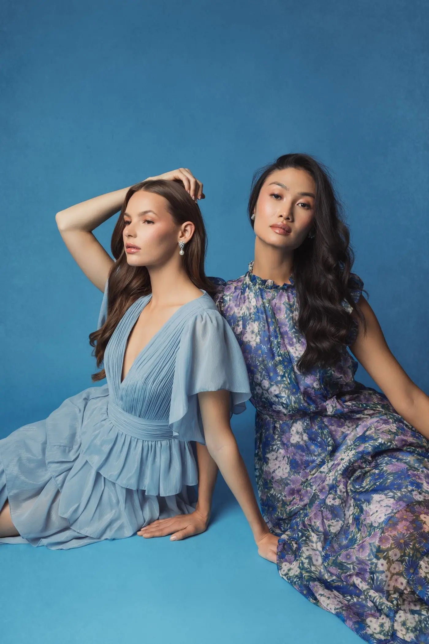 Blue Flutter Sleeve Ruffle Tiered Gown-Myartka