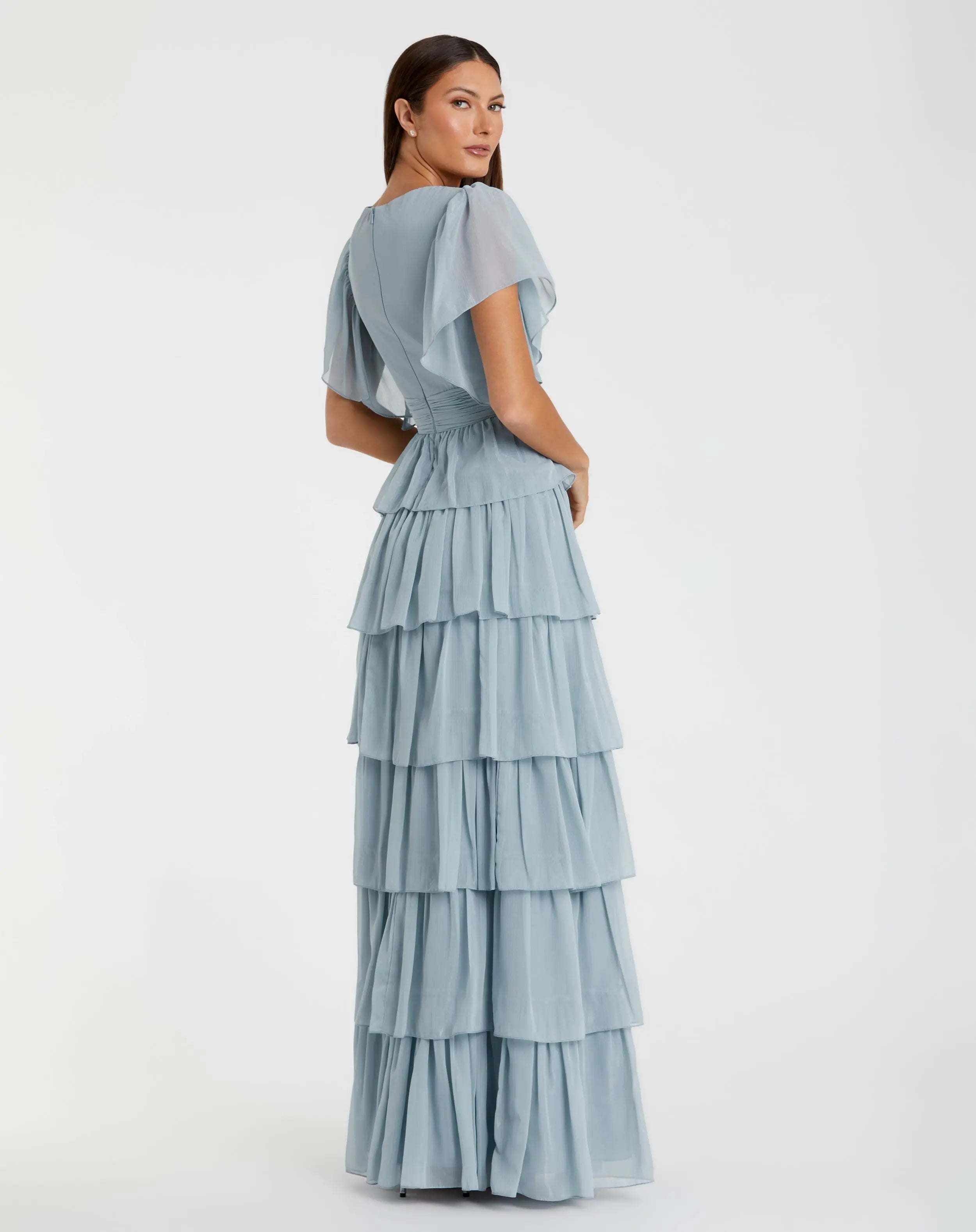 Blue Flutter Sleeve Ruffle Tiered Gown-Myartka