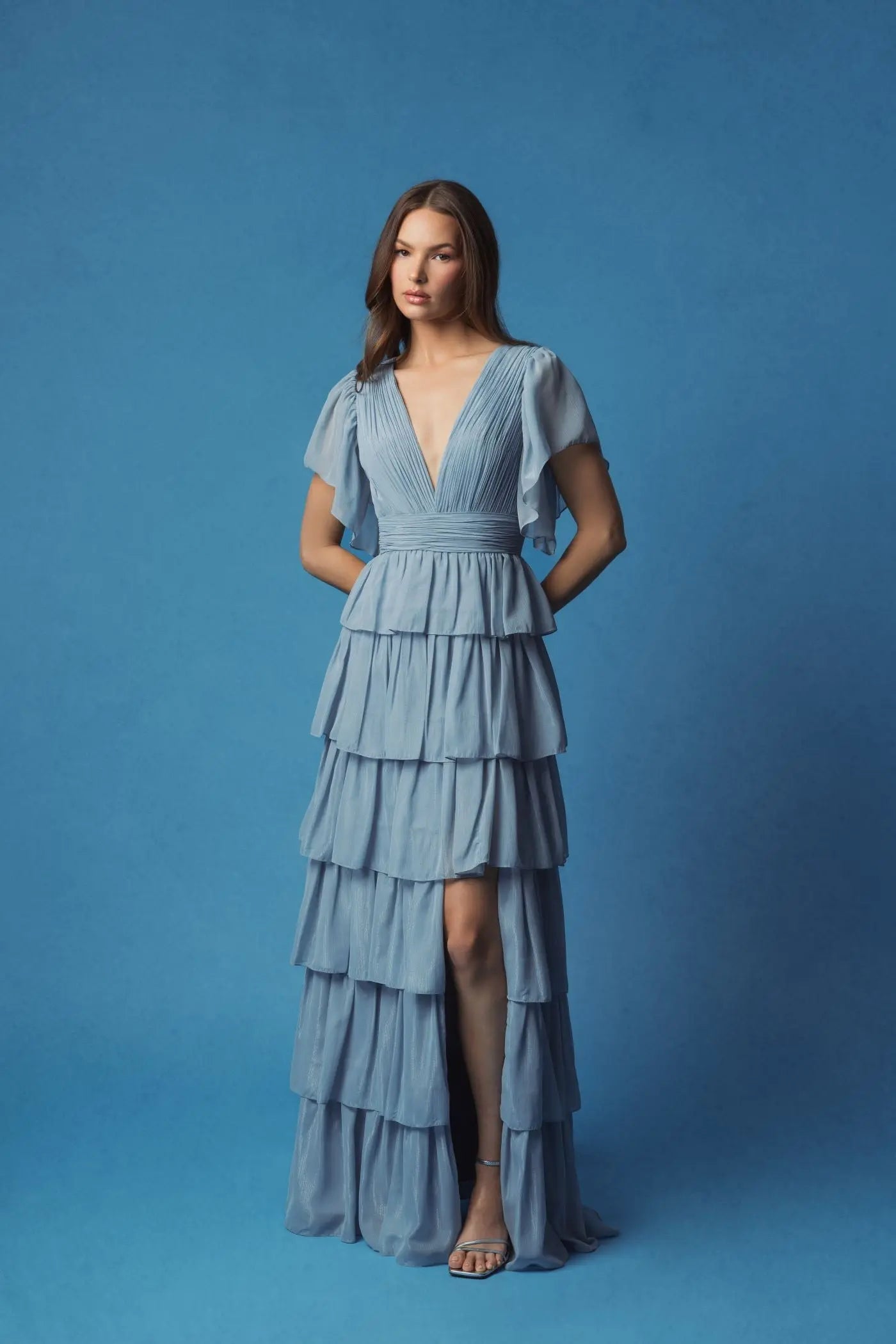 Blue Flutter Sleeve Ruffle Tiered Gown-Myartka