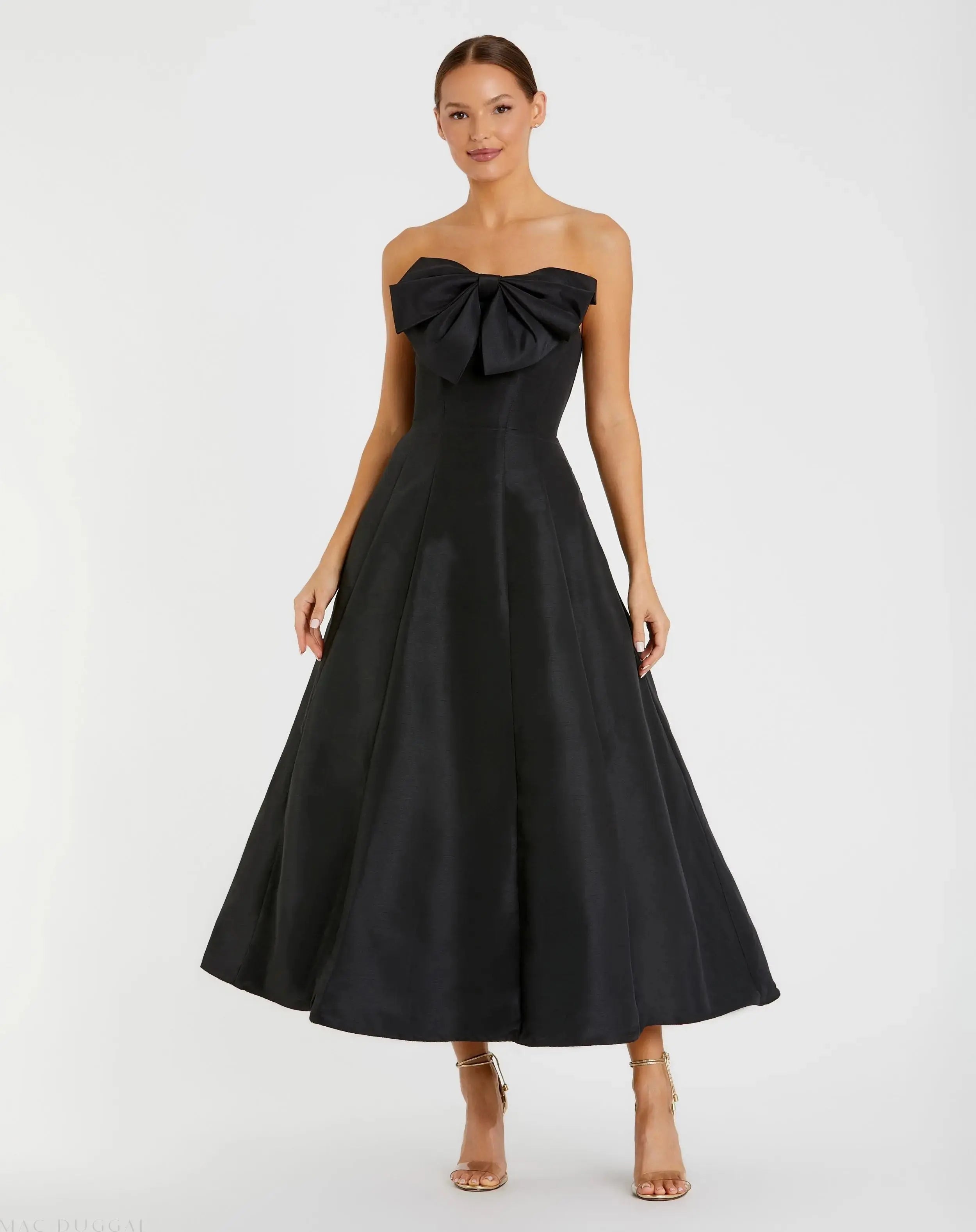 Black Strapless A-Line Tea Length Statement Bow Dress-Myartka