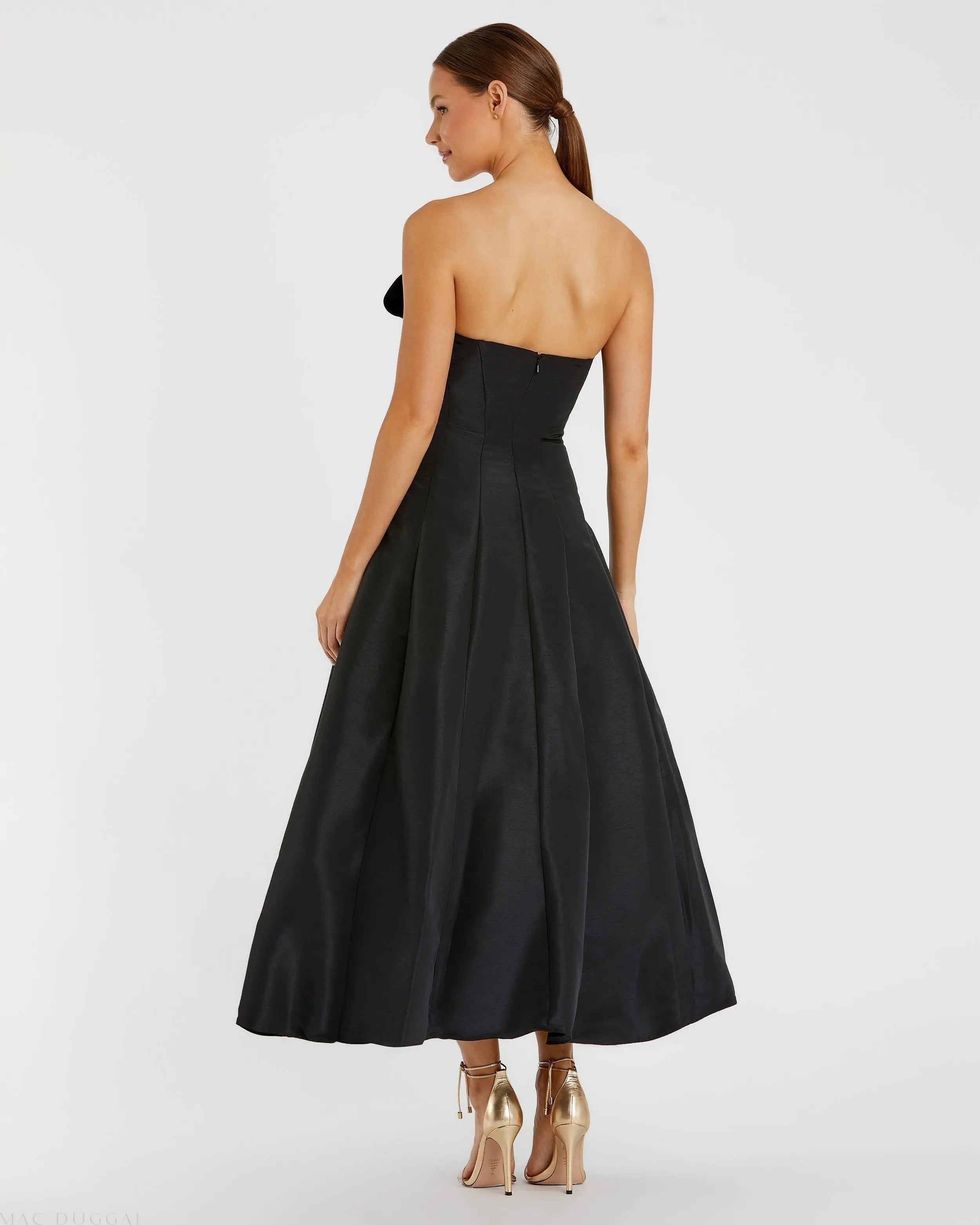 Black Strapless A-Line Tea Length Statement Bow Dress-Myartka