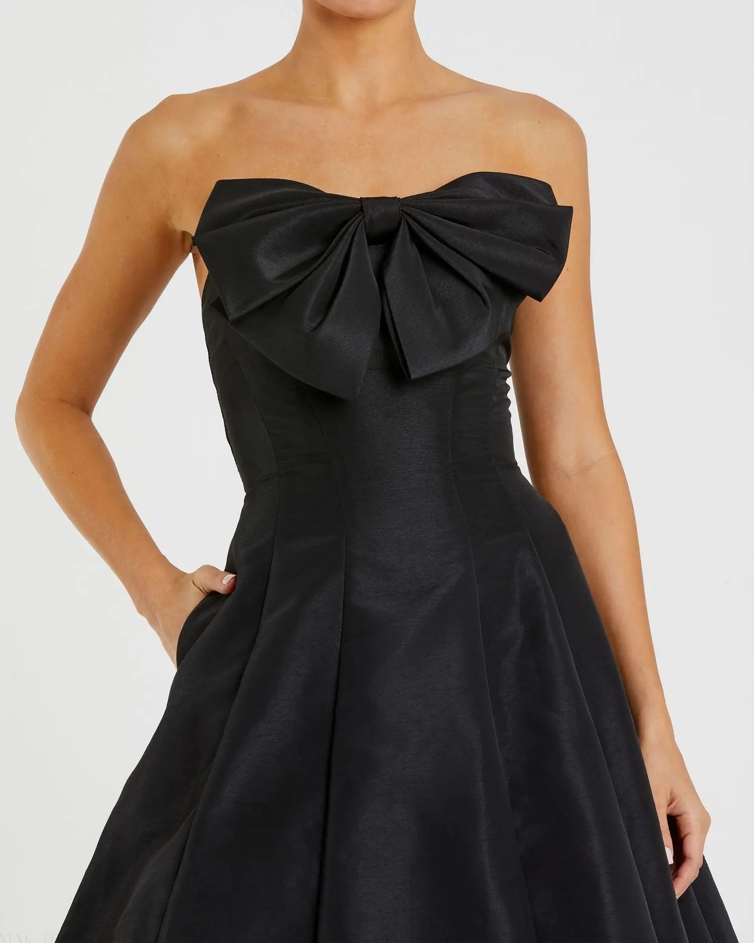 Black Strapless A-Line Tea Length Statement Bow Dress-Myartka