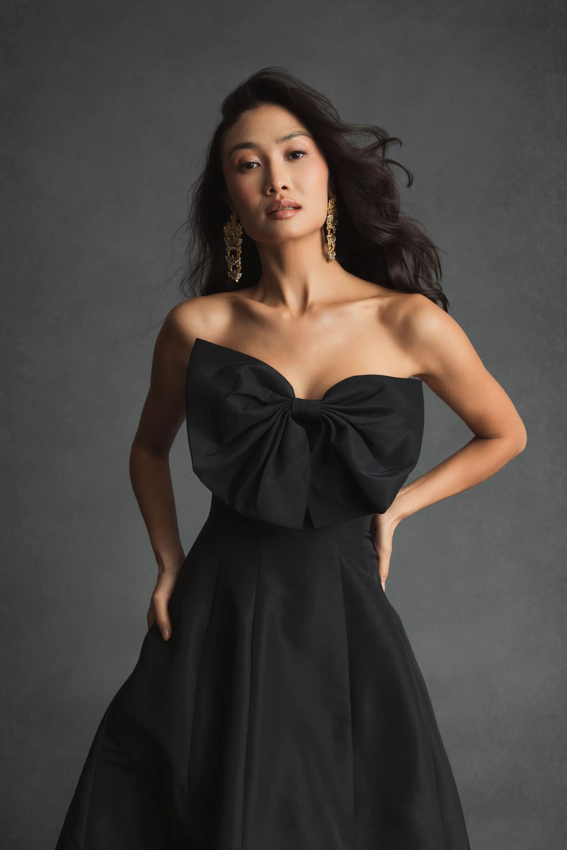 Black Strapless A-Line Tea Length Statement Bow Dress-Myartka