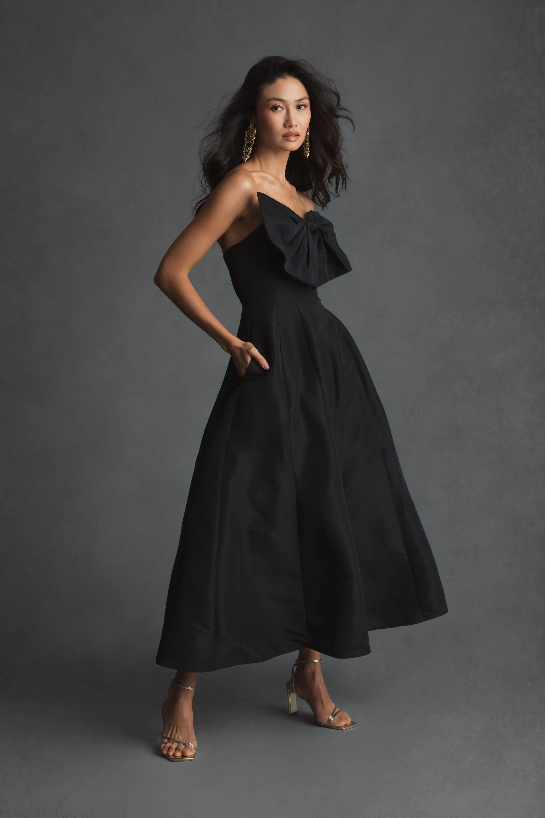 Black Strapless A-Line Tea Length Statement Bow Dress-Myartka