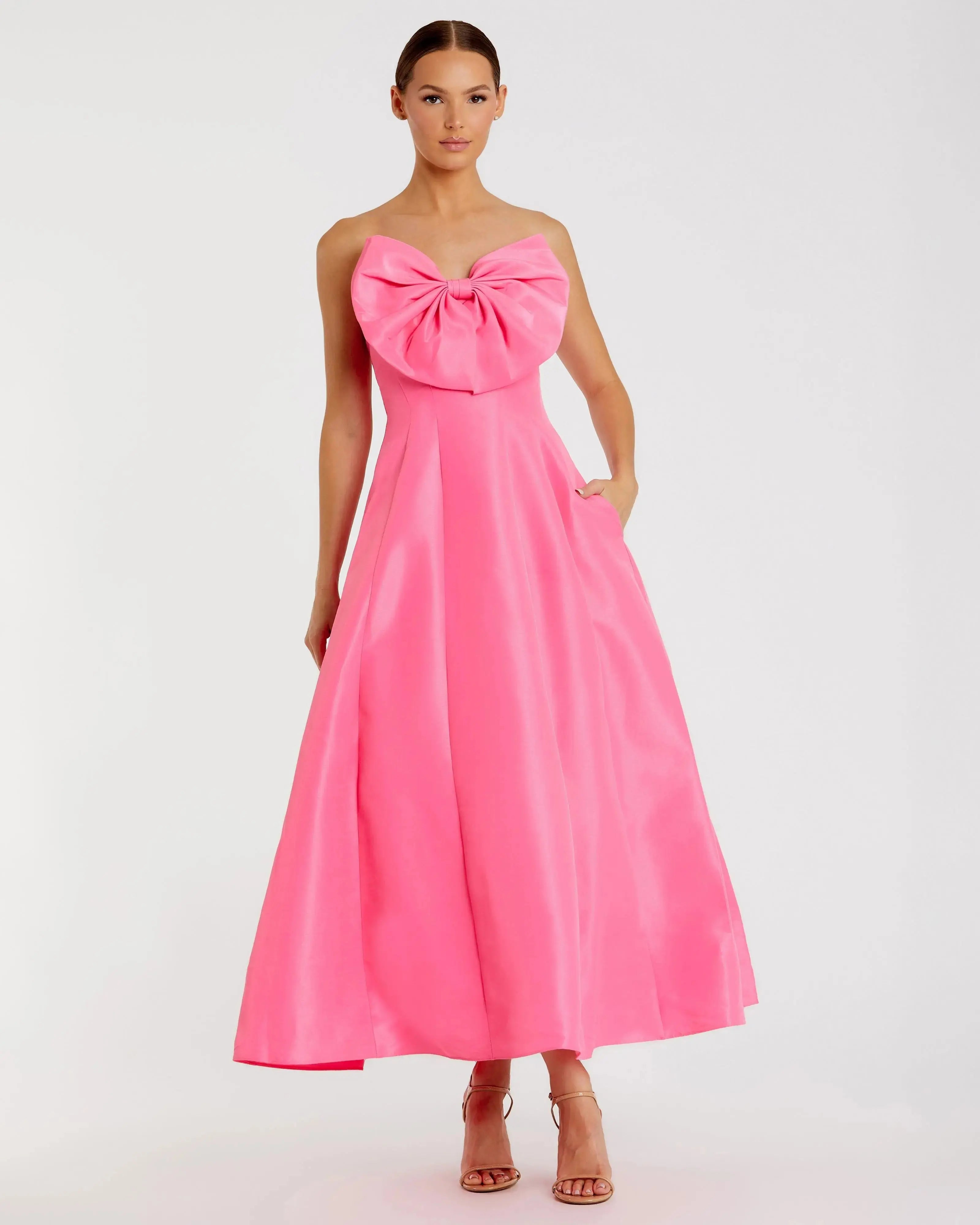 Pink Strapless A-Line Tea Length Statement Bow Dress-Myartka