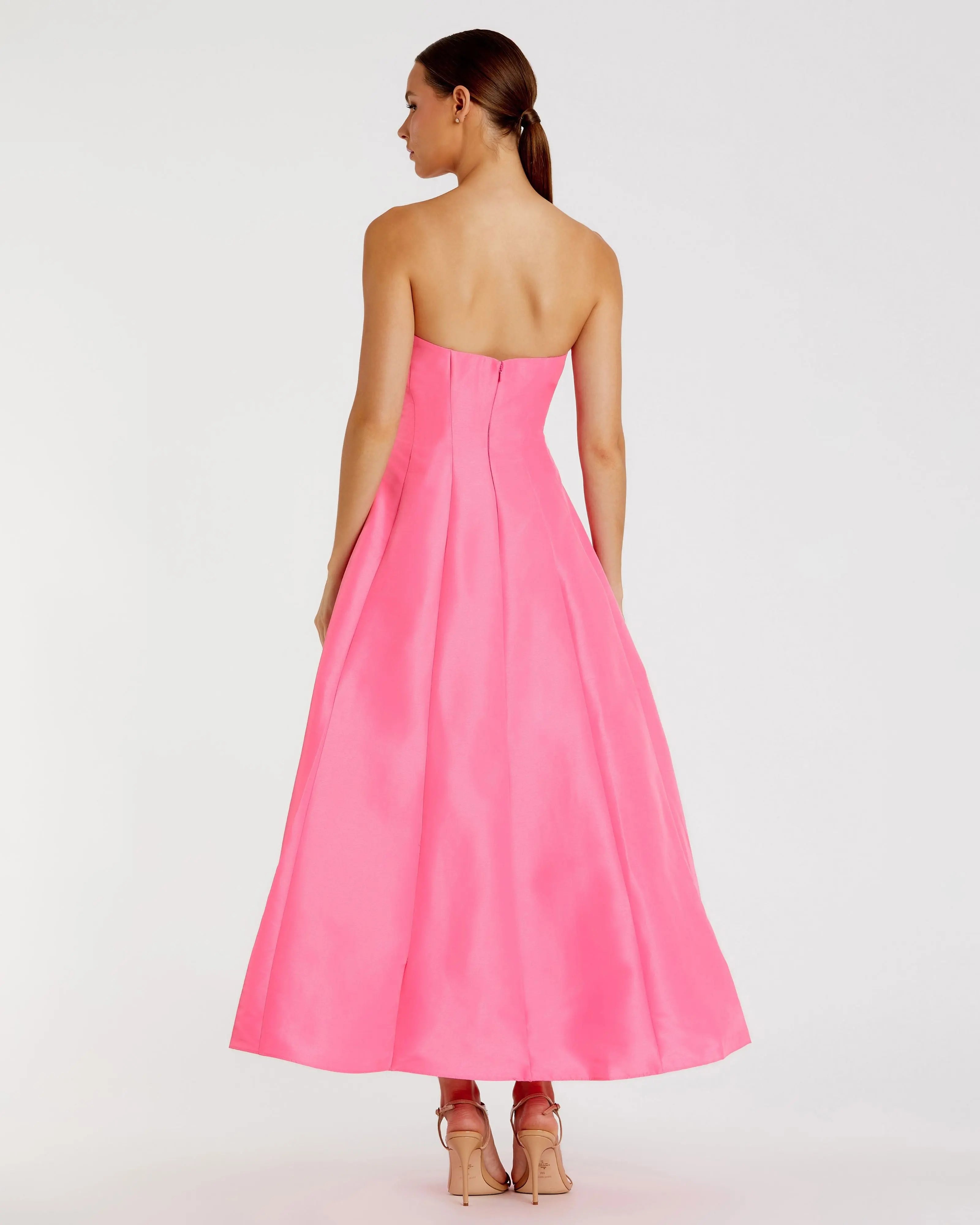 Pink Strapless A-Line Tea Length Statement Bow Dress-Myartka