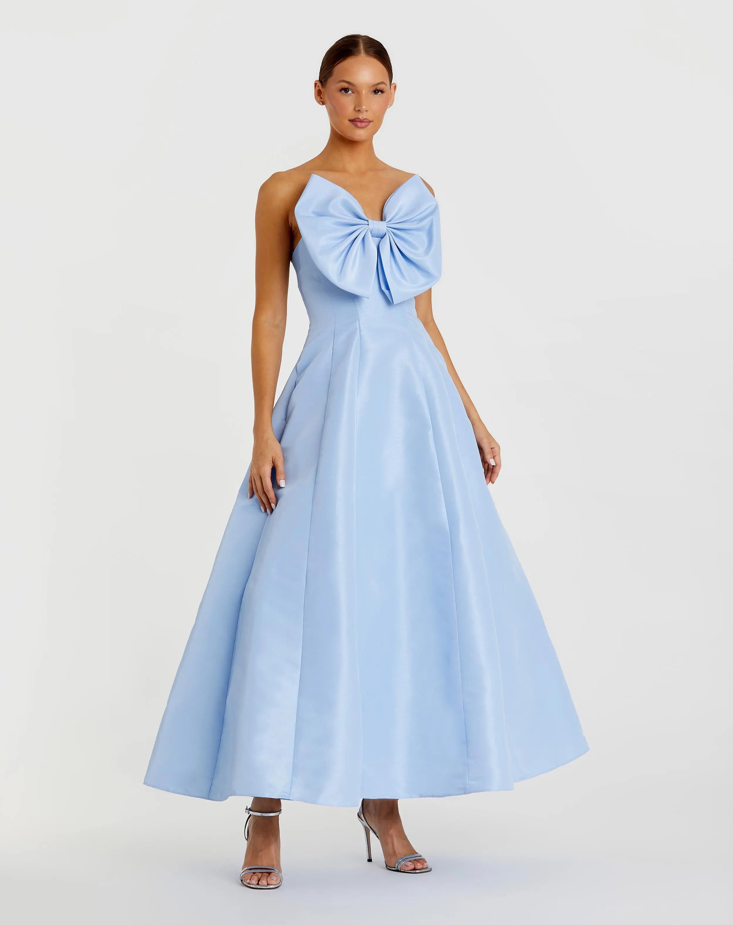 Blue Strapless A-Line Tea Length Statement Bow Dress-Myartka