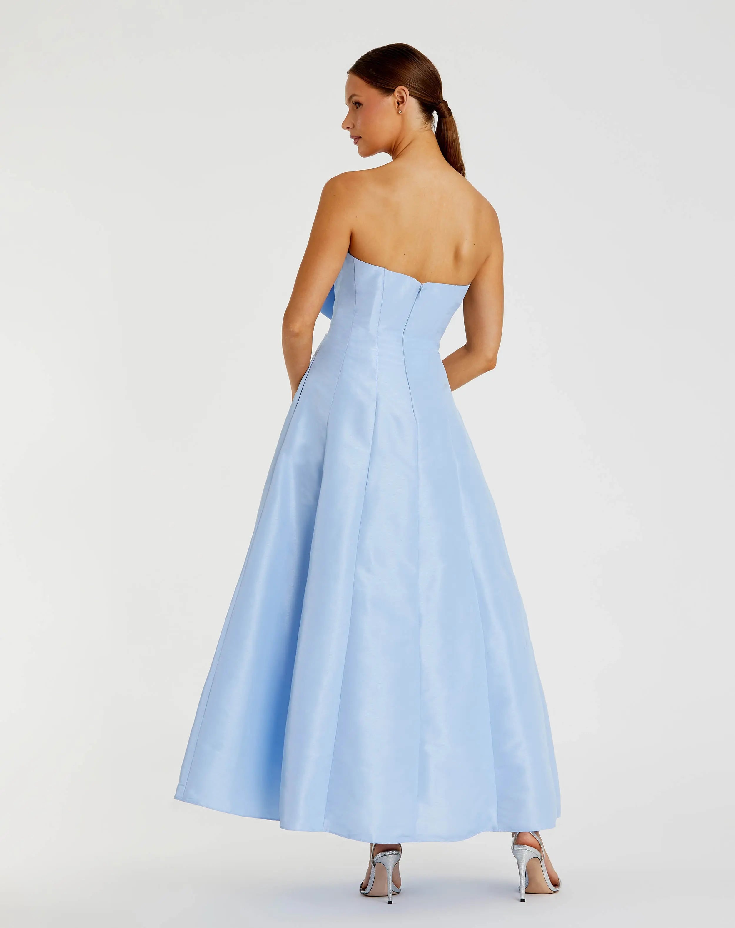Blue Strapless A-Line Tea Length Statement Bow Dress-Myartka