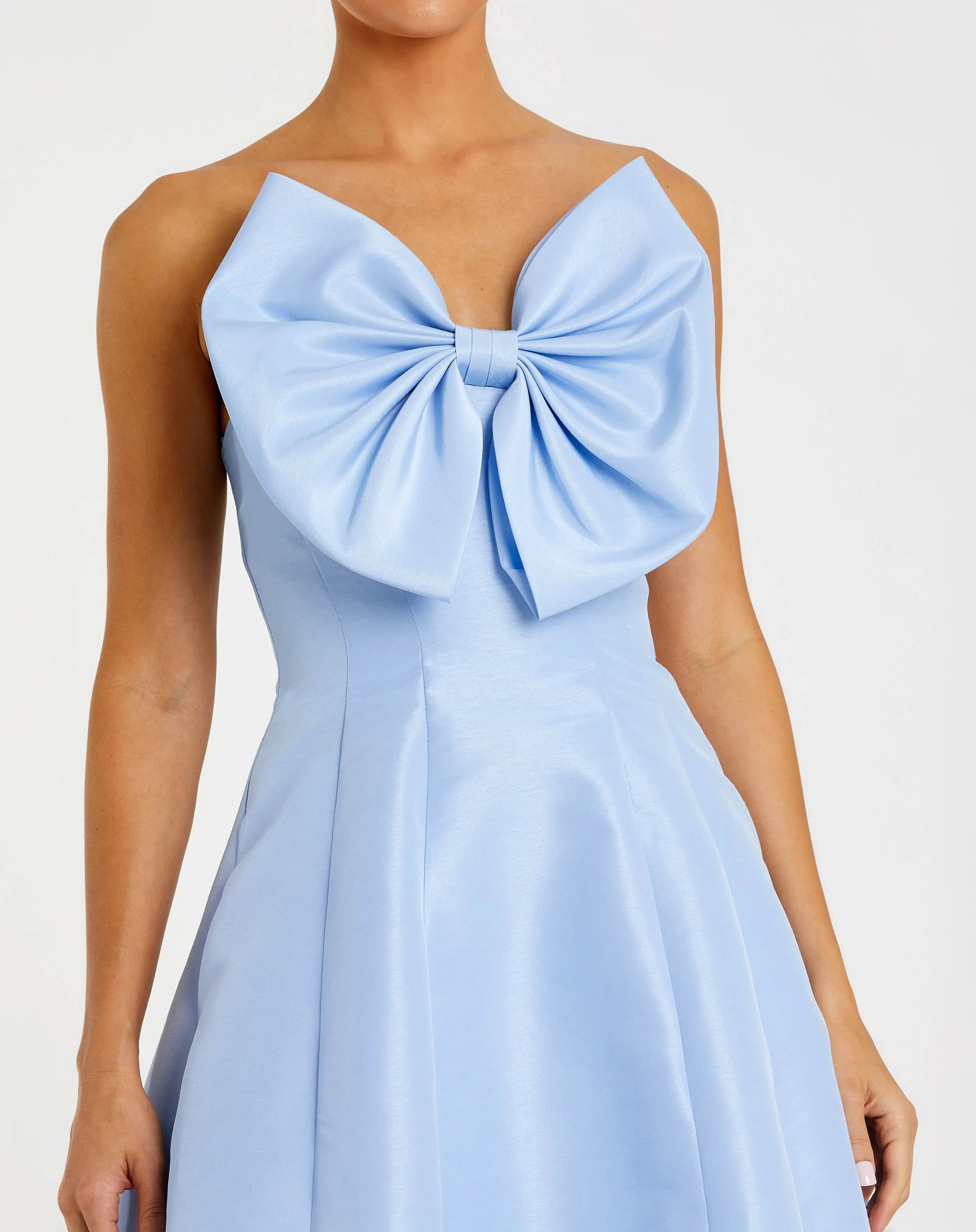 Blue Strapless A-Line Tea Length Statement Bow Dress-Myartka