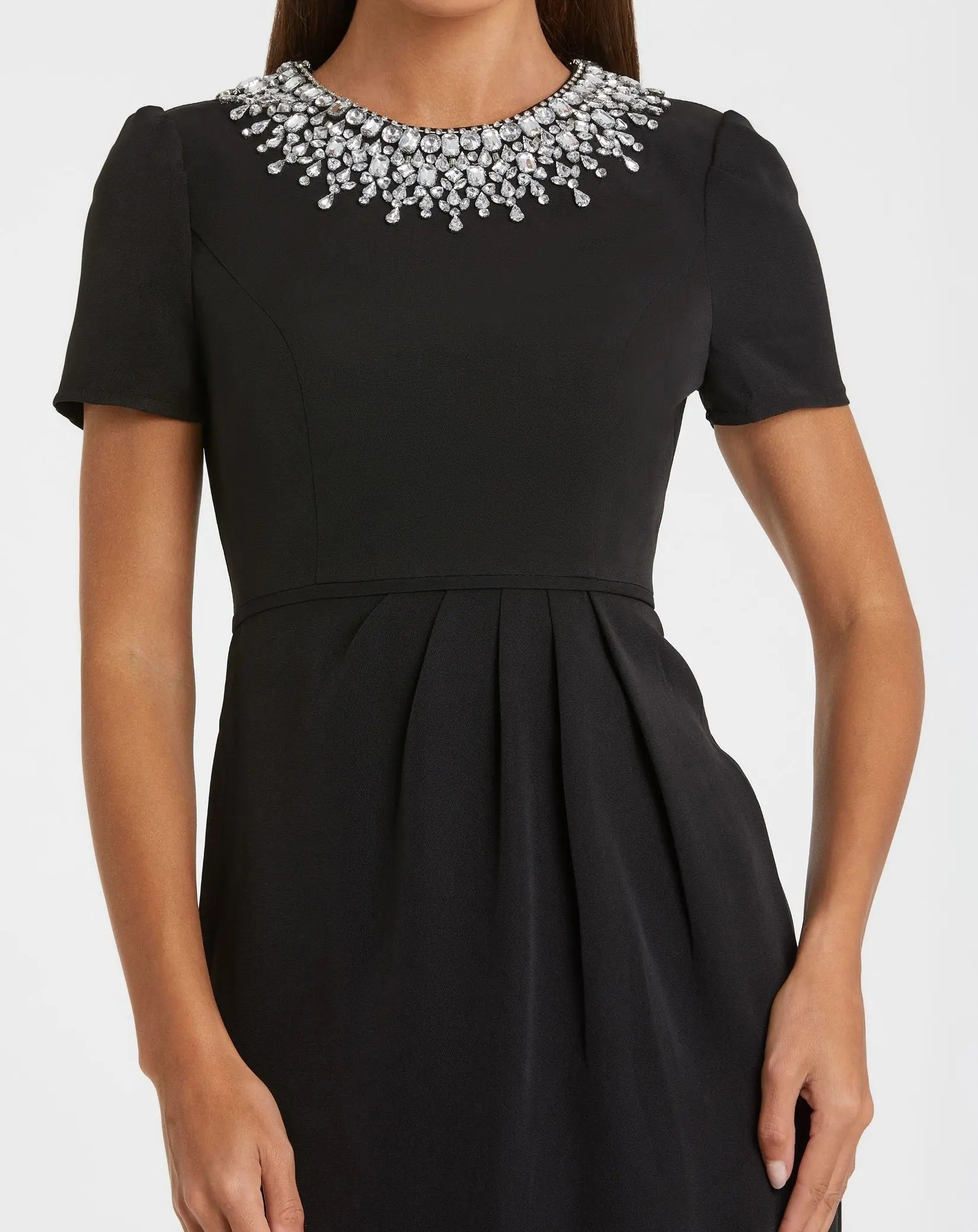 Black Short Sleeve Rhinestone Neckline Sheath Dress-Myartka