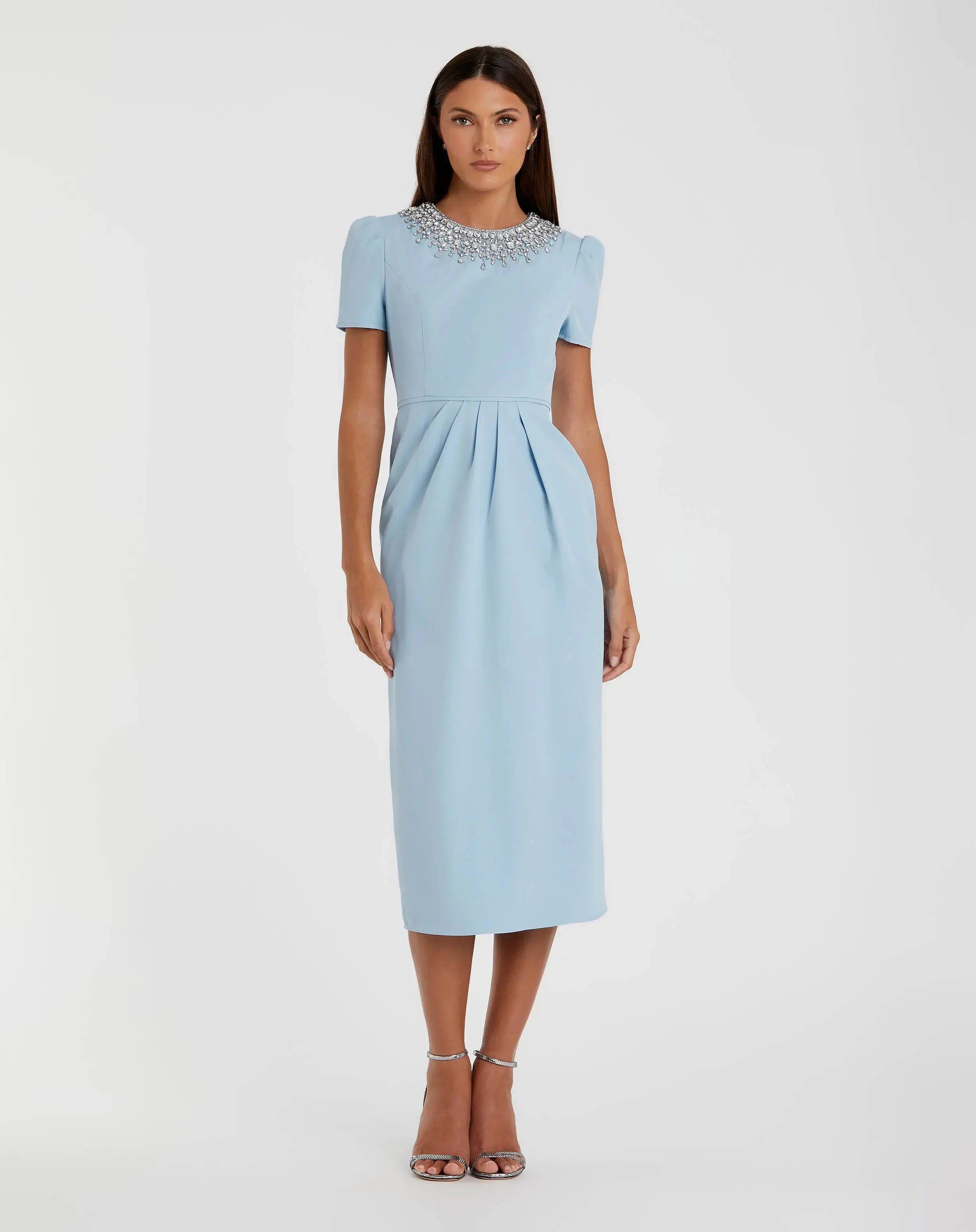 Blue Short Sleeve Rhinestone Neckline Sheath Dress-Myartka