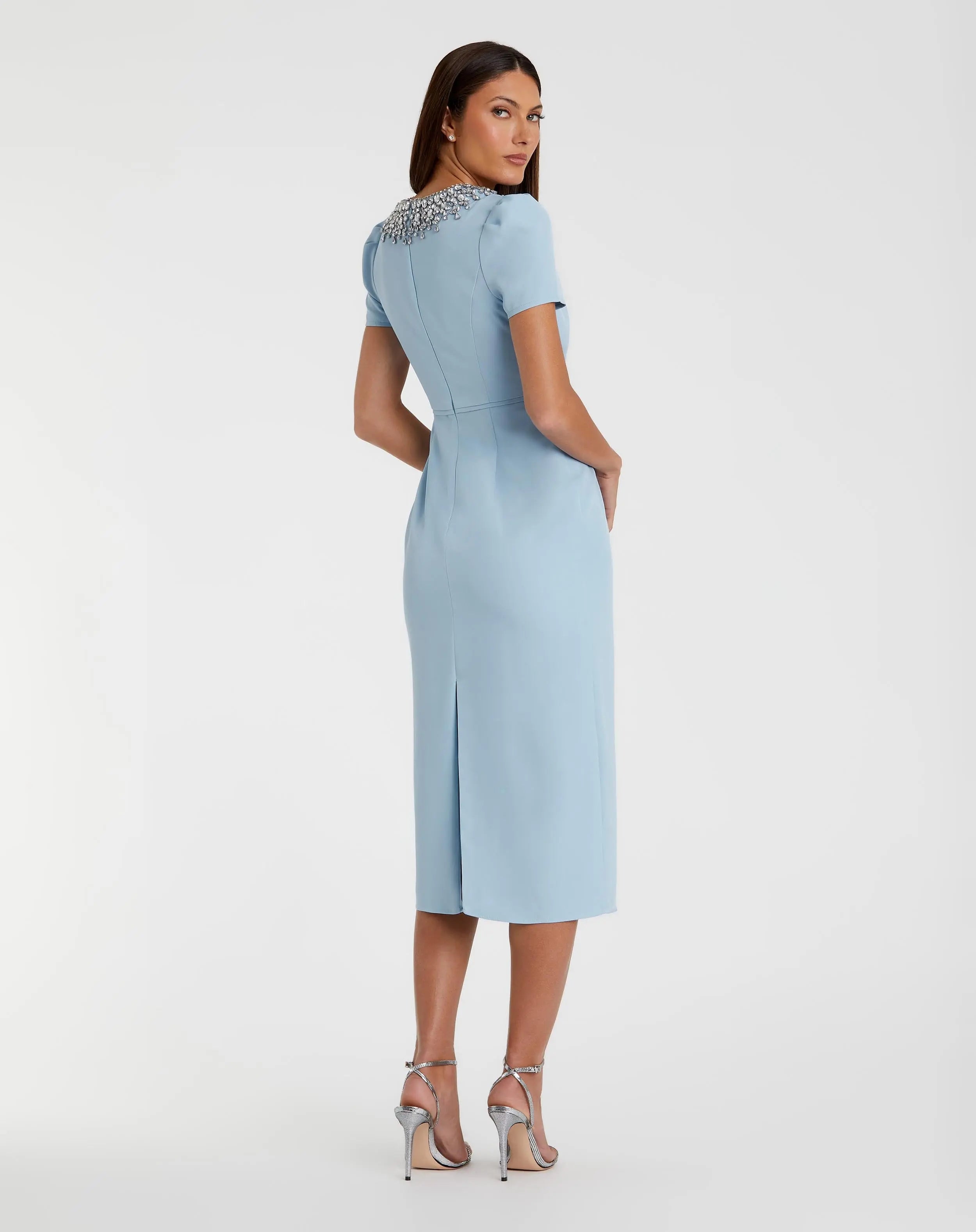 Blue Short Sleeve Rhinestone Neckline Sheath Dress-Myartka