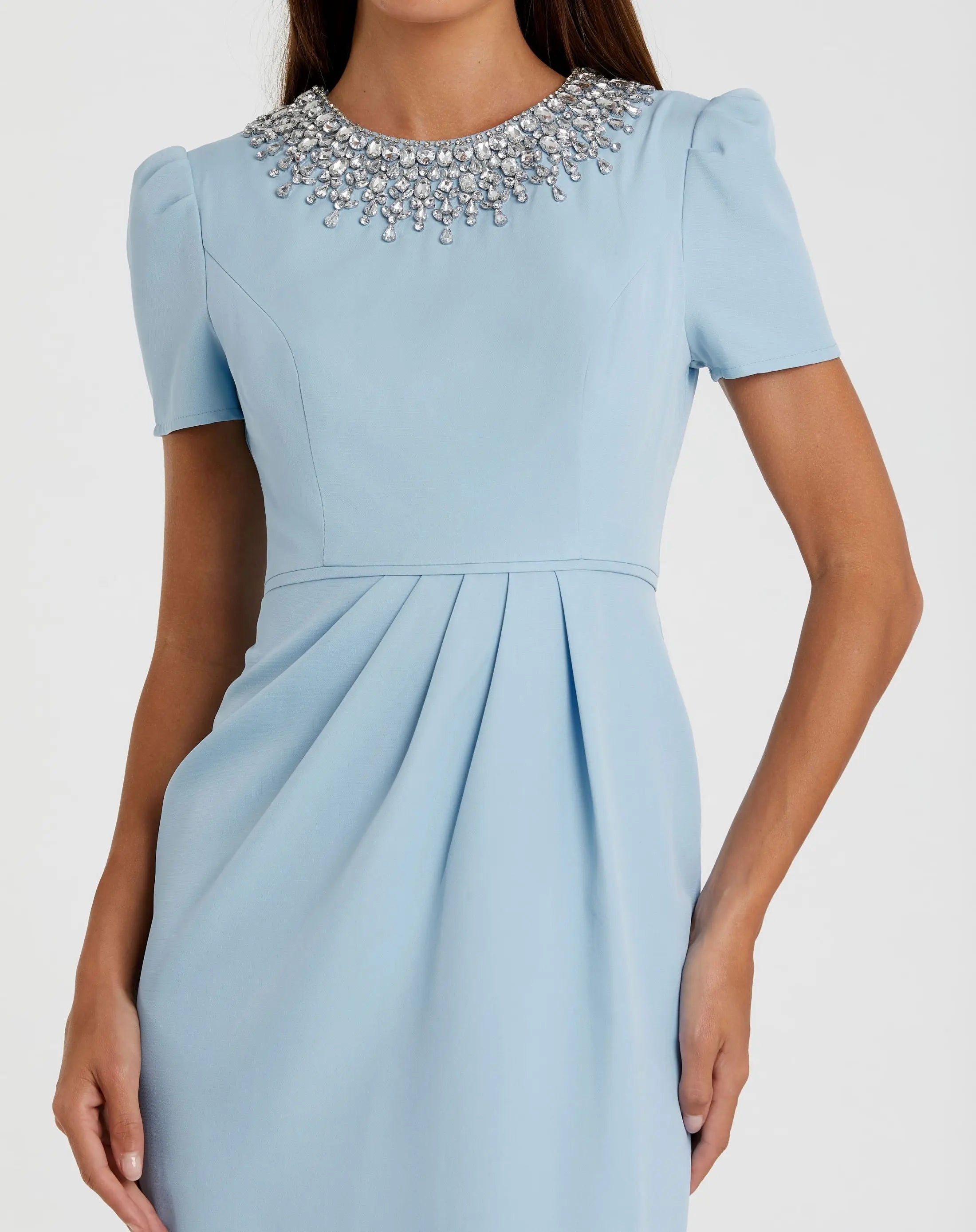 Blue Short Sleeve Rhinestone Neckline Sheath Dress-Myartka