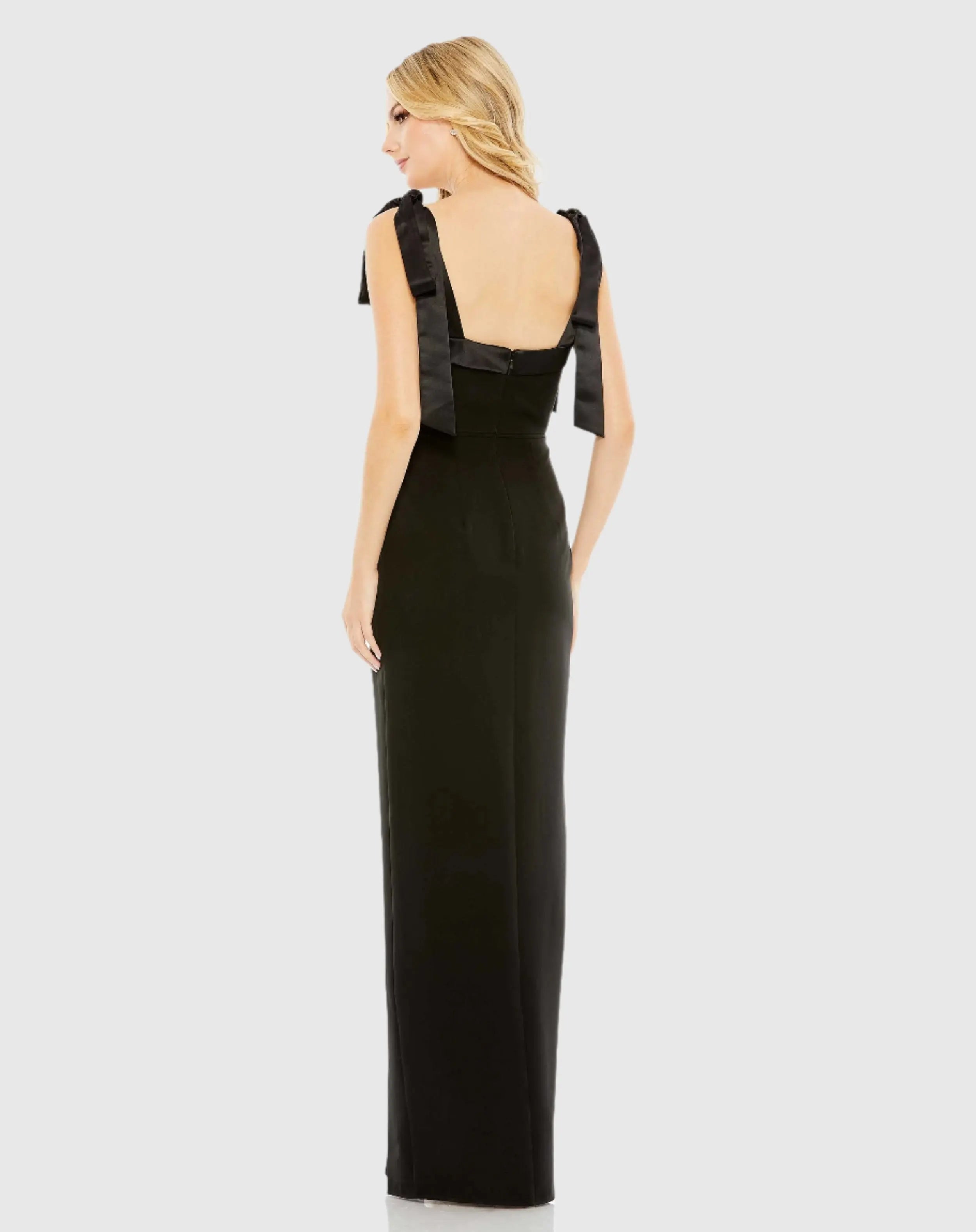Black Square Neck Tie Strap Slit Gown-Myartka