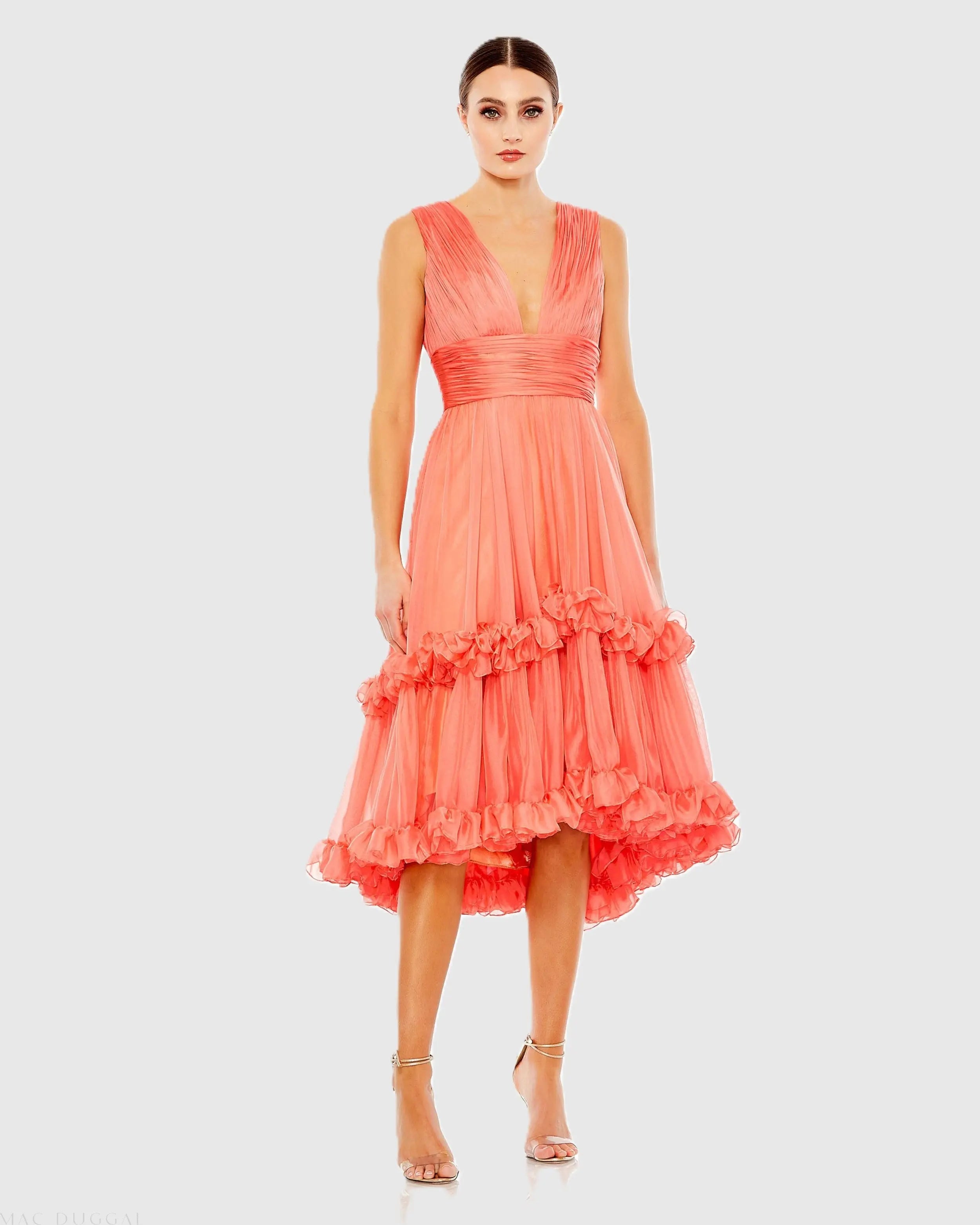 Orange V-Neck Sleeveless Tiered Ruffle Midi Dress-Myartka