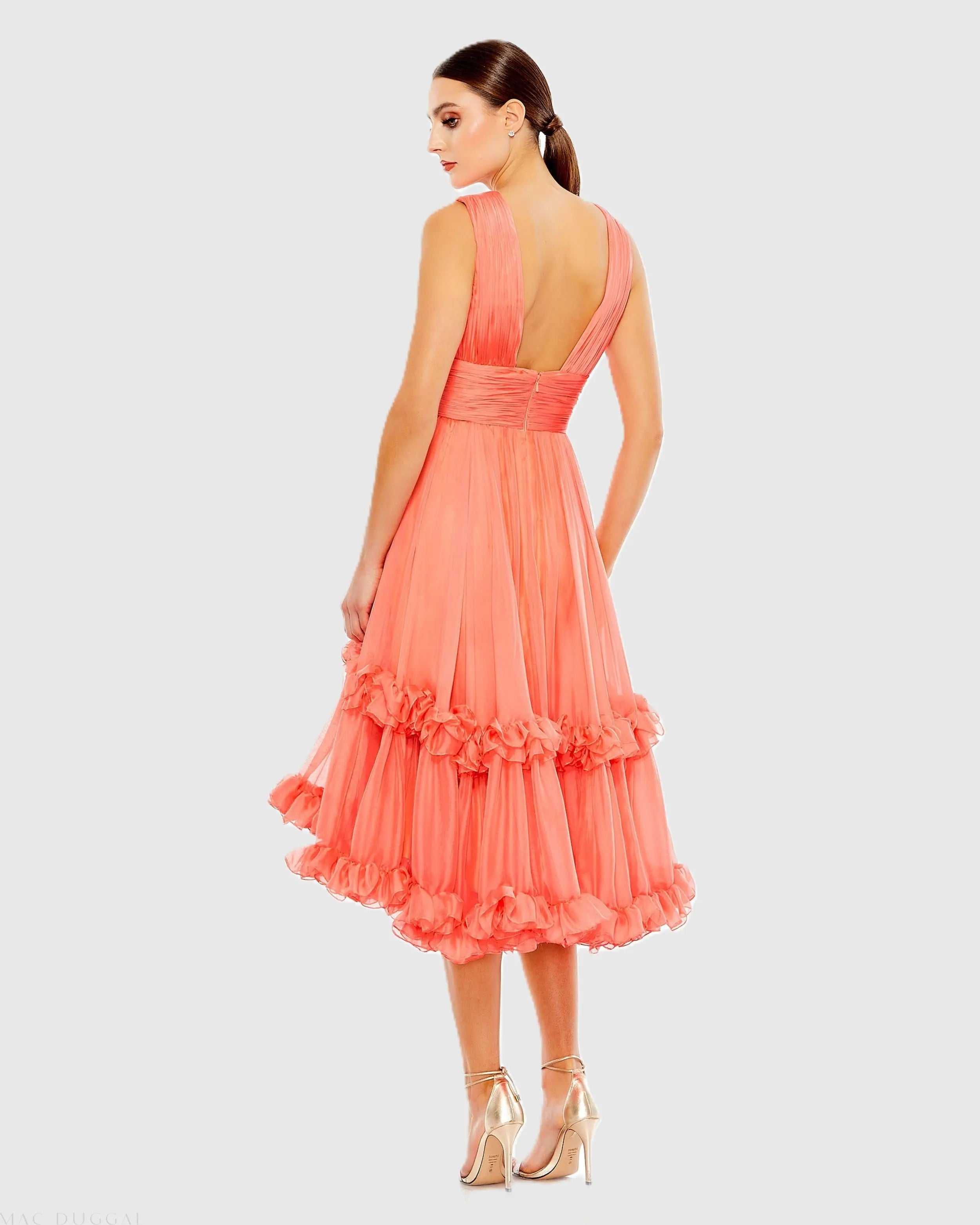 Orange V-Neck Sleeveless Tiered Ruffle Midi Dress-Myartka