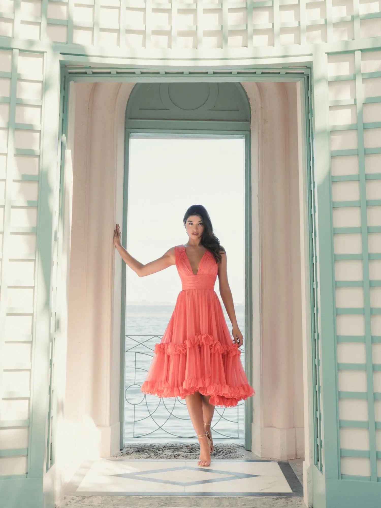 Orange V-Neck Sleeveless Tiered Ruffle Midi Dress-Myartka