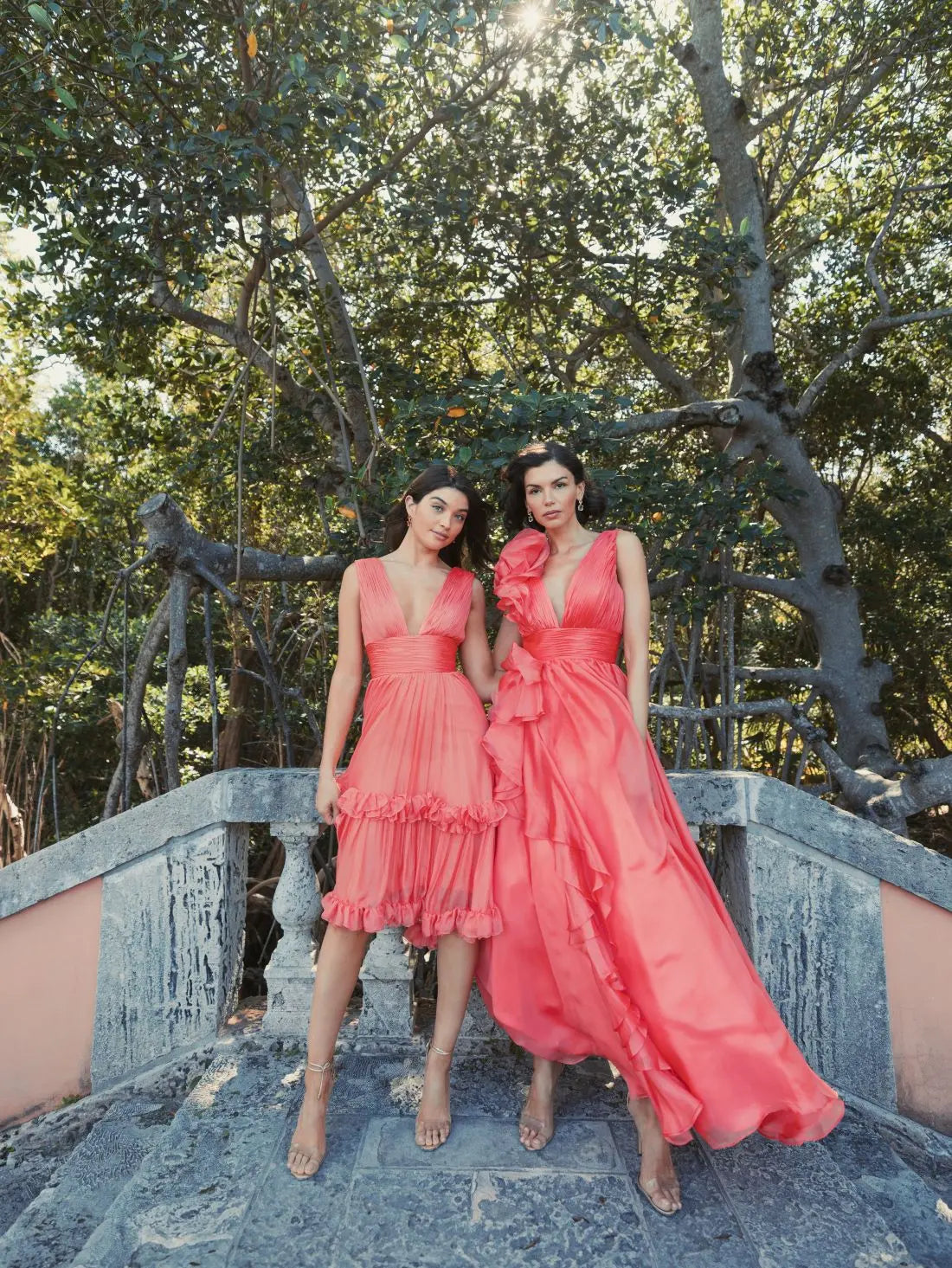 Orange V-Neck Sleeveless Tiered Ruffle Midi Dress-Myartka