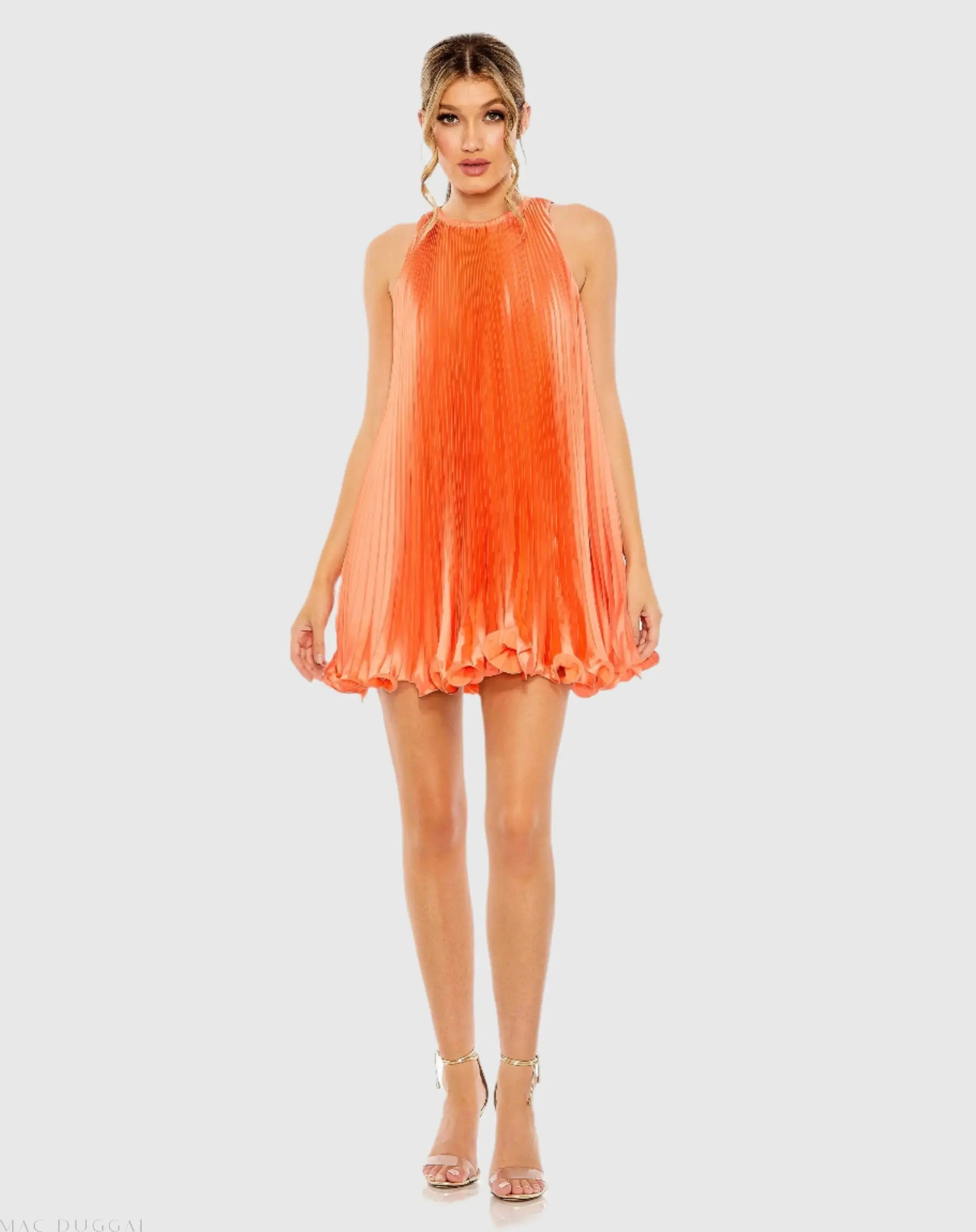 Orange Pleated Halter Neck Flowy Mini Trapeze Dress-Myartka