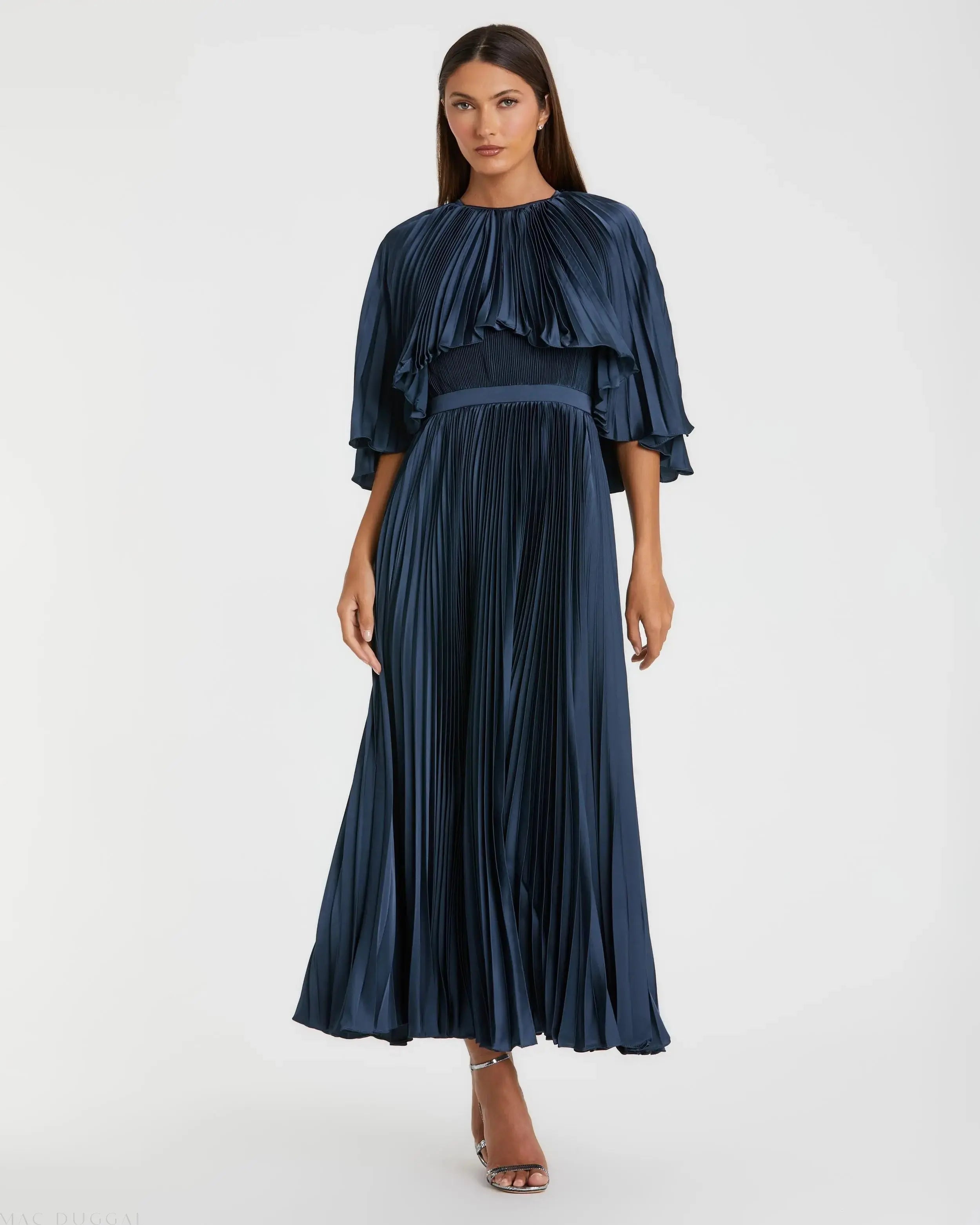 Navy Pleated Caplet Tea-length Dress-Myartka