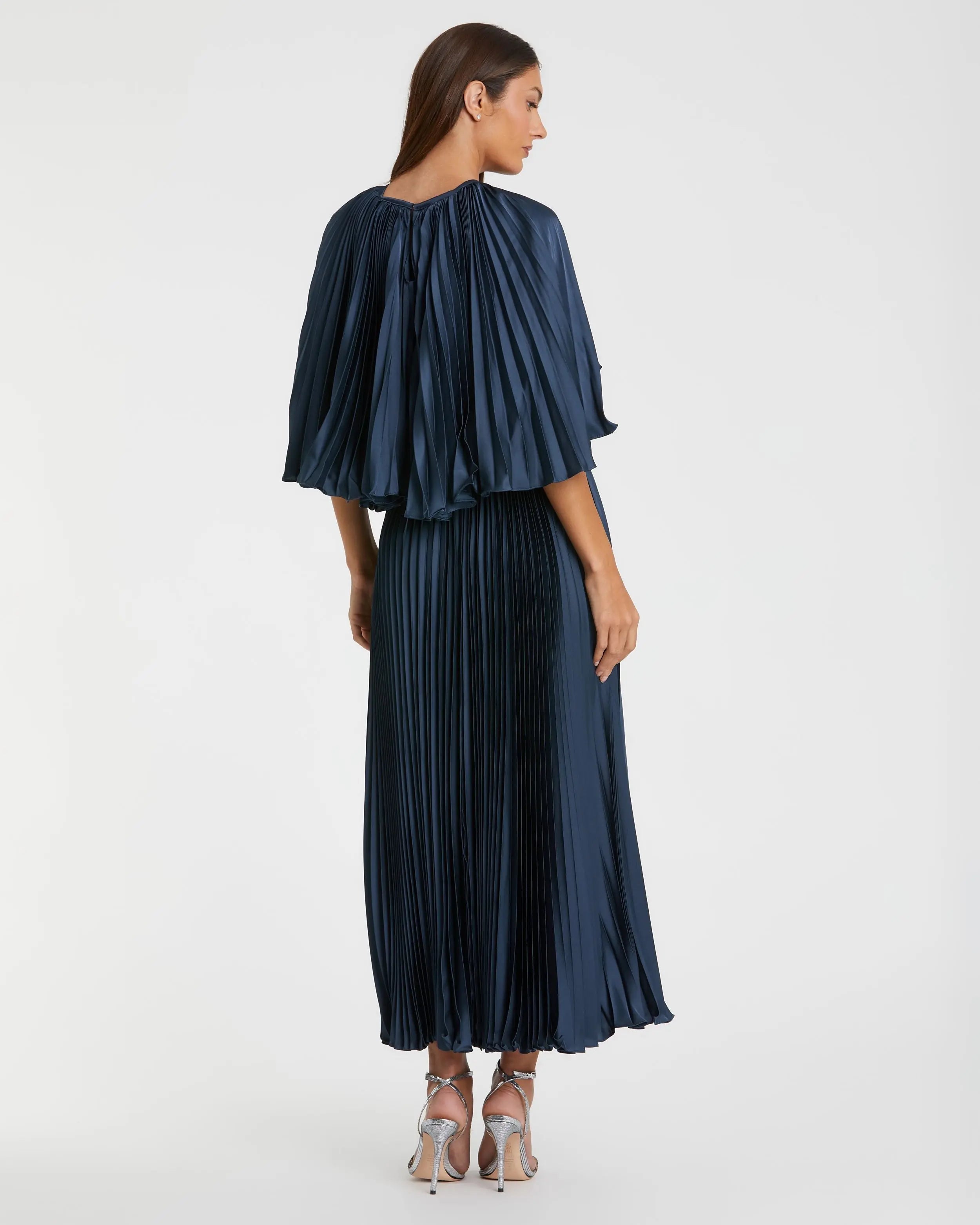 Navy Pleated Caplet Tea-length Dress-Myartka