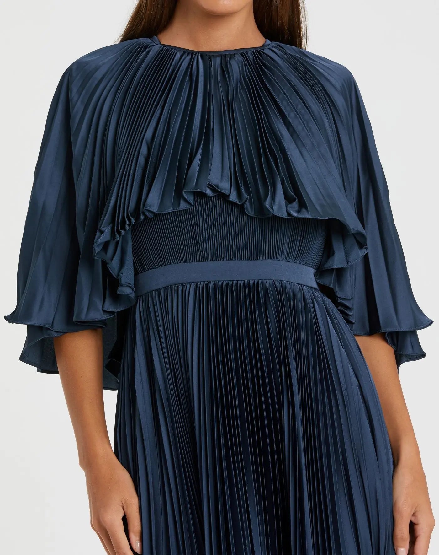 Navy Pleated Caplet Tea-length Dress-Myartka