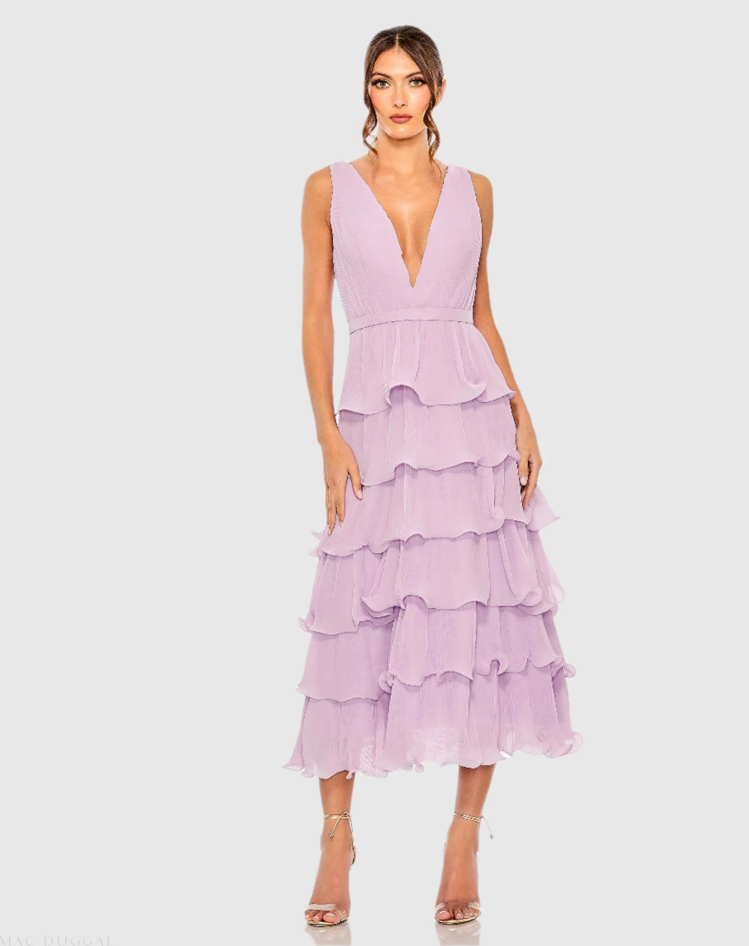 Purple Deep V Chiffon Sleeveless Ruffle Midi Dress-Myartka