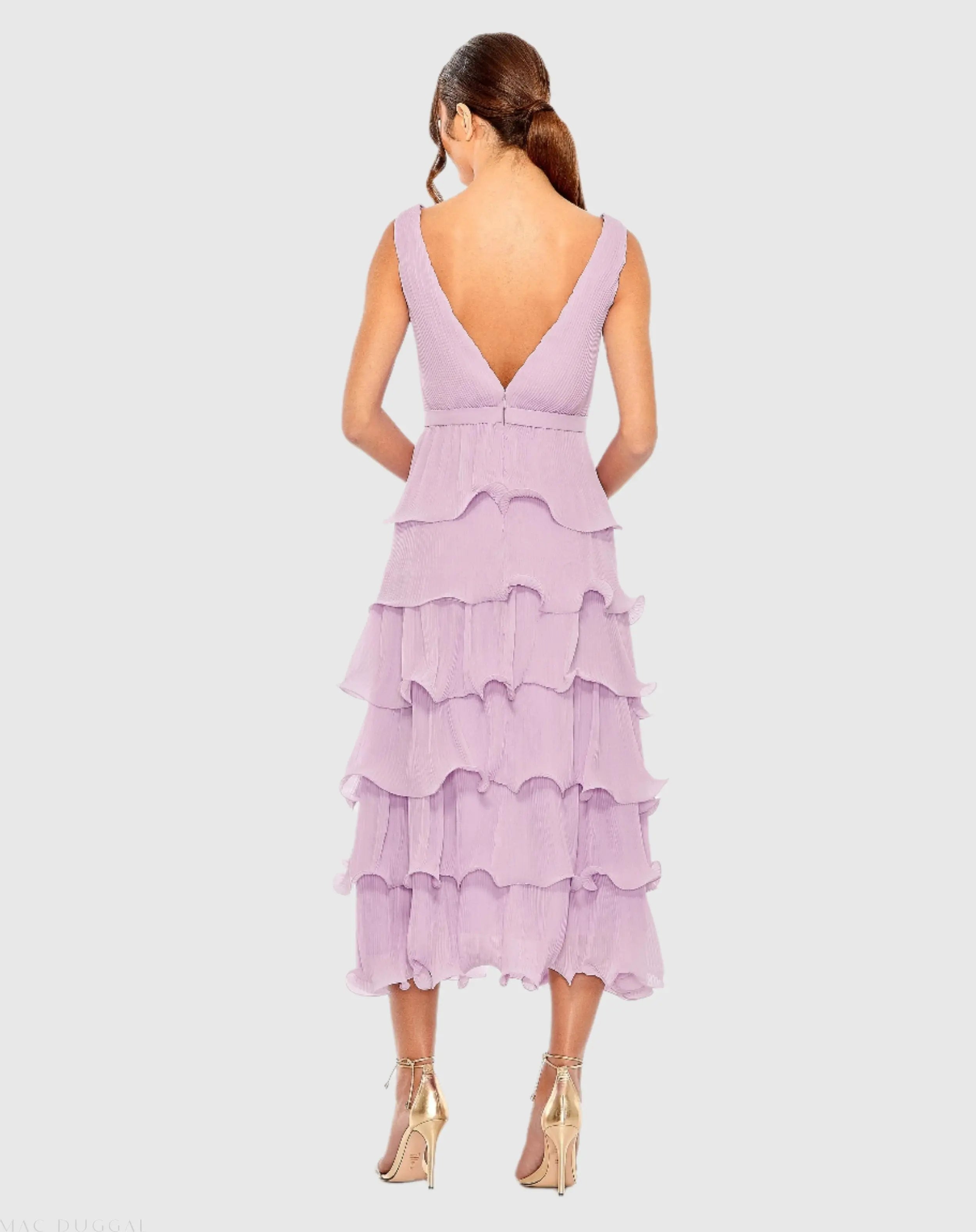Purple Deep V Chiffon Sleeveless Ruffle Midi Dress-Myartka