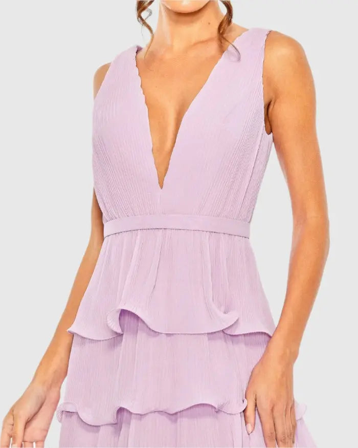 Purple Deep V Chiffon Sleeveless Ruffle Midi Dress-Myartka