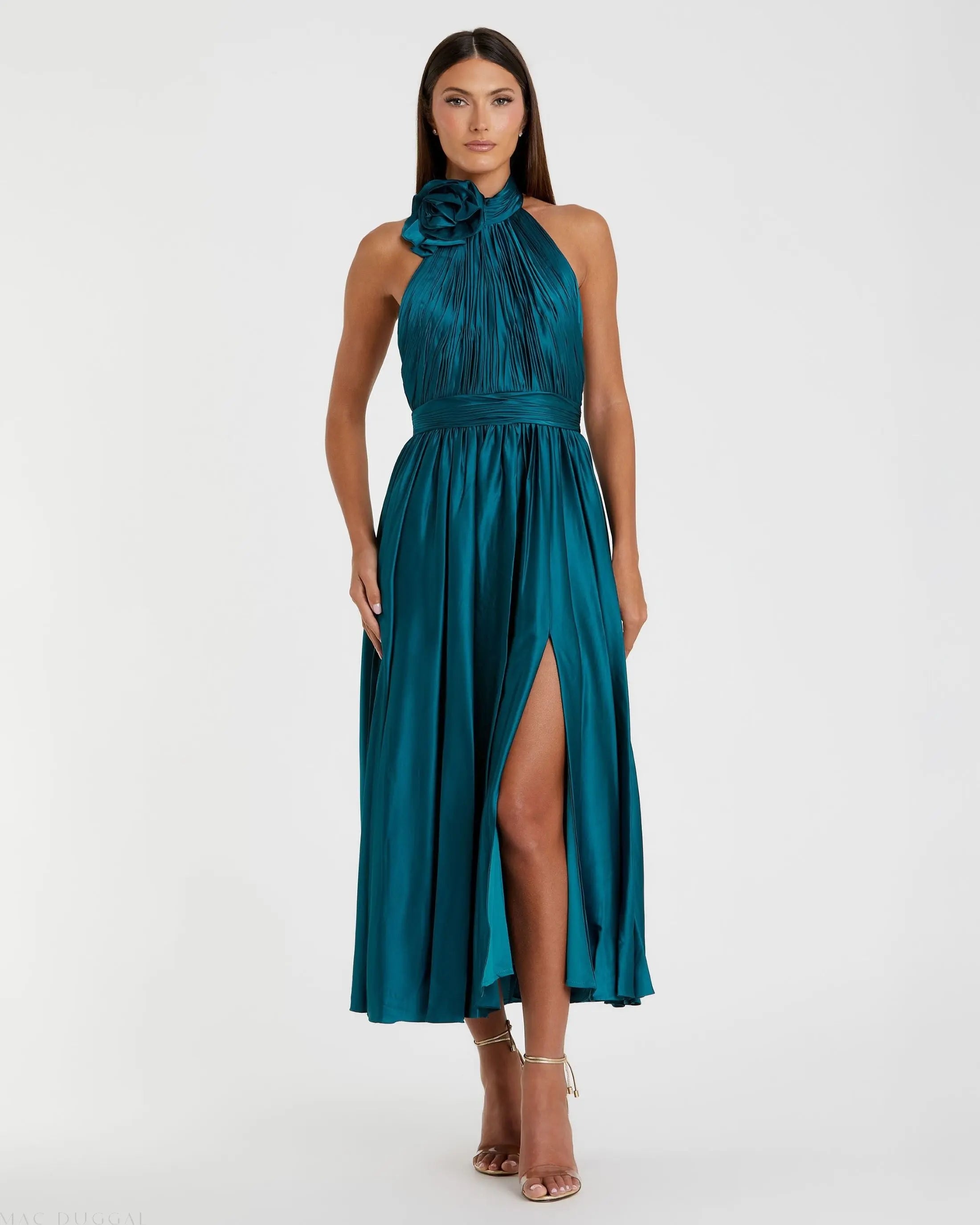 Teal Pleated Charmeuse High Neck Sleeveless Midi Dress-Myartka