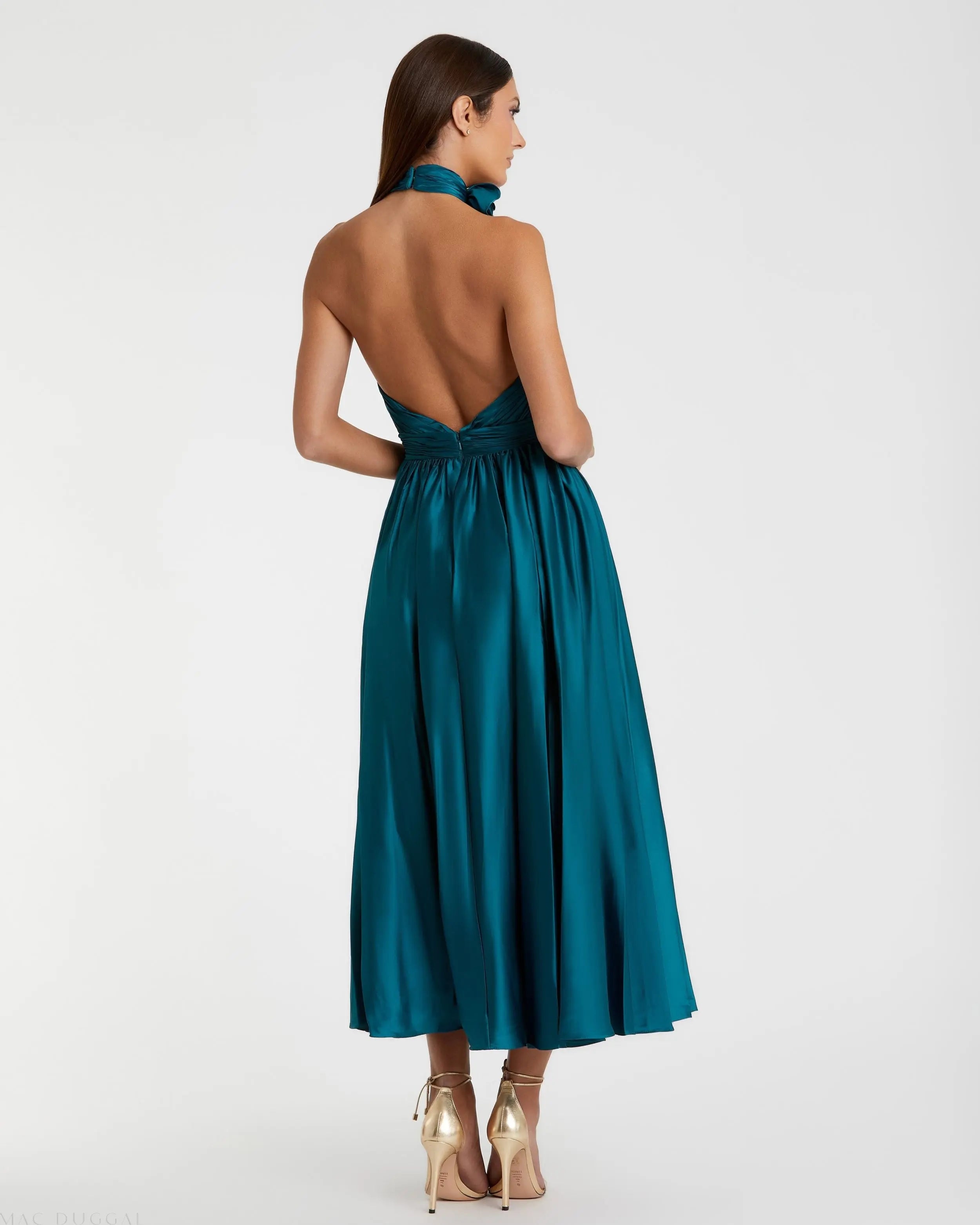 Teal Pleated Charmeuse High Neck Sleeveless Midi Dress-Myartka