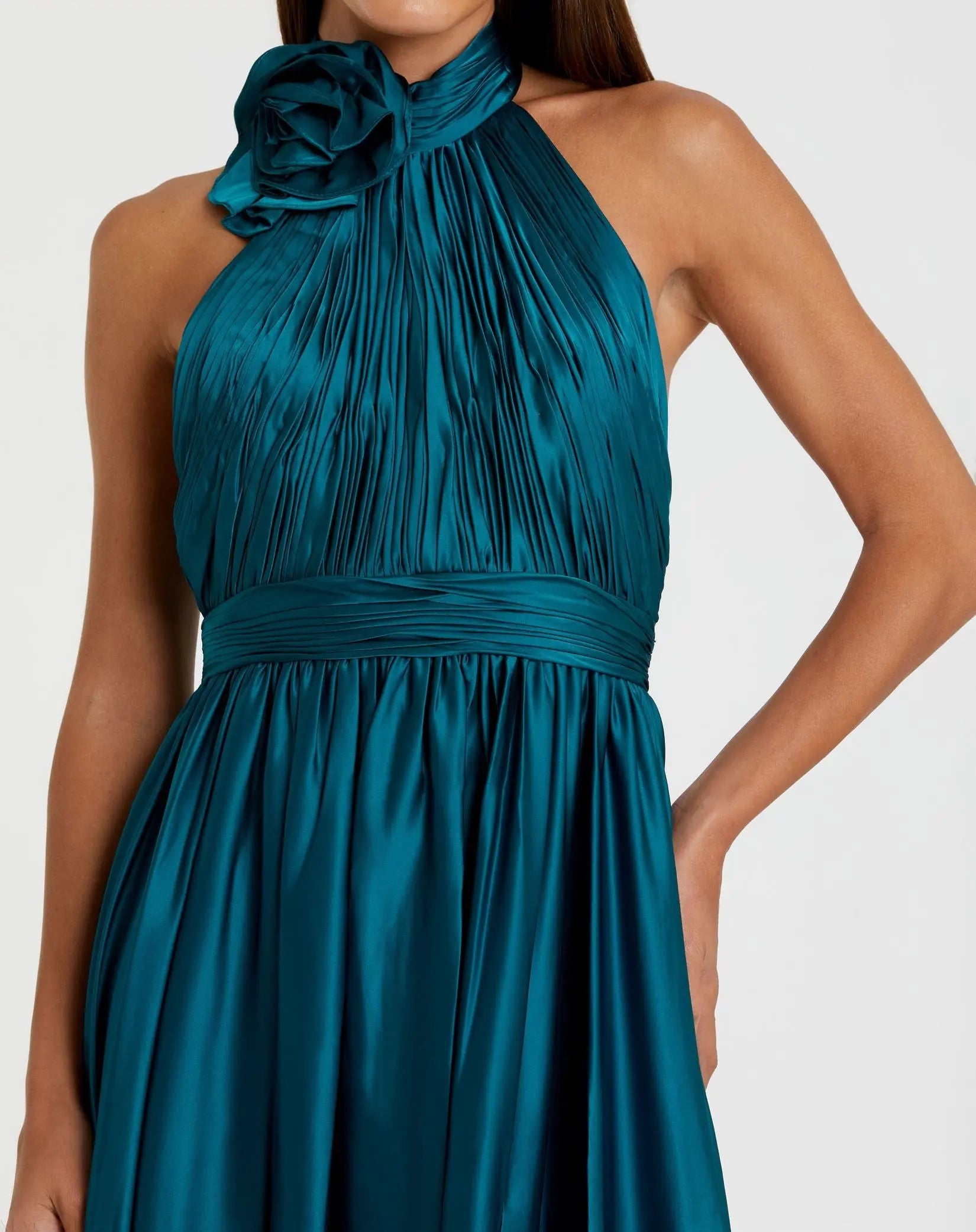 Teal Pleated Charmeuse High Neck Sleeveless Midi Dress-Myartka