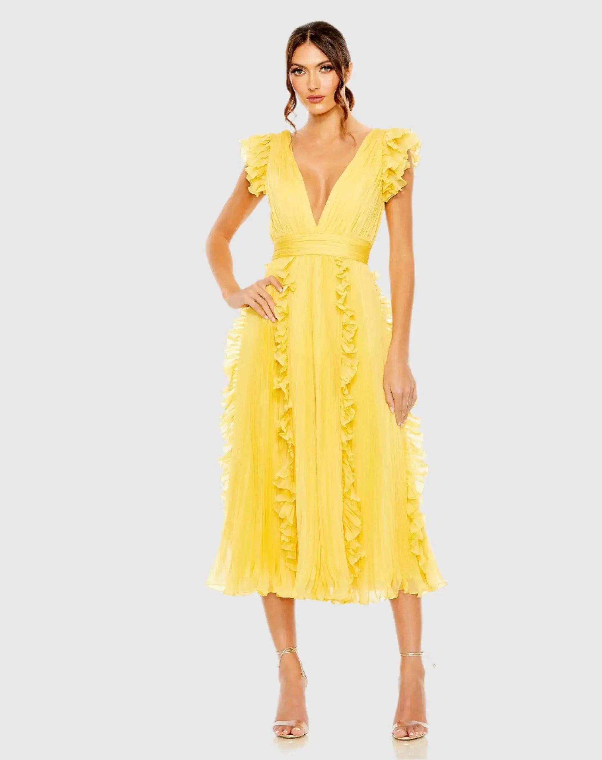 Yellow Pleated Chiffon V Neck Ruffle Midi Dress-Myartka