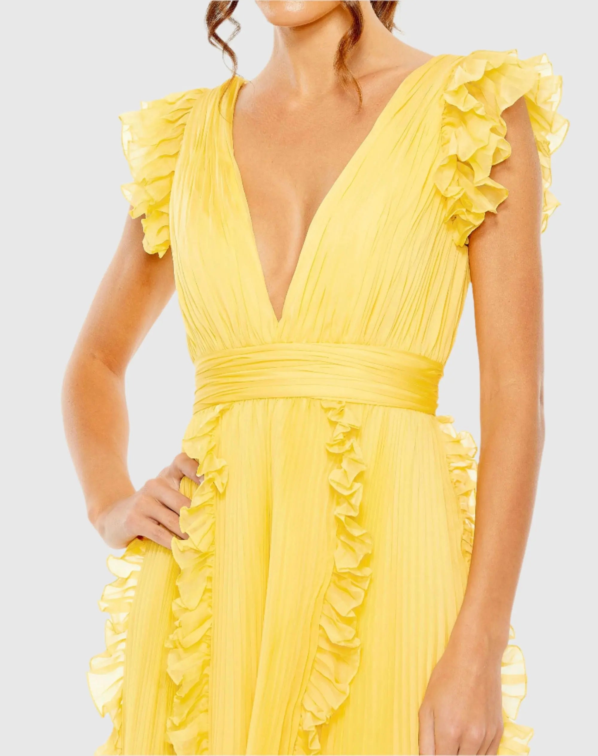 Yellow Pleated Chiffon V Neck Ruffle Midi Dress-Myartka