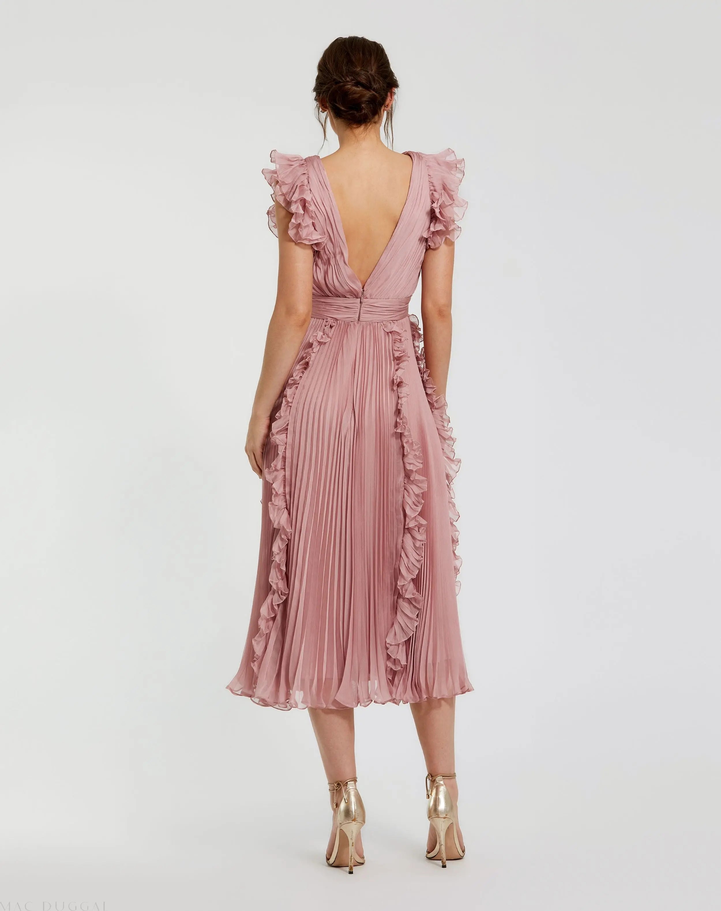 Pink Pleated Chiffon V Neck Ruffle Midi Dress-Myartka