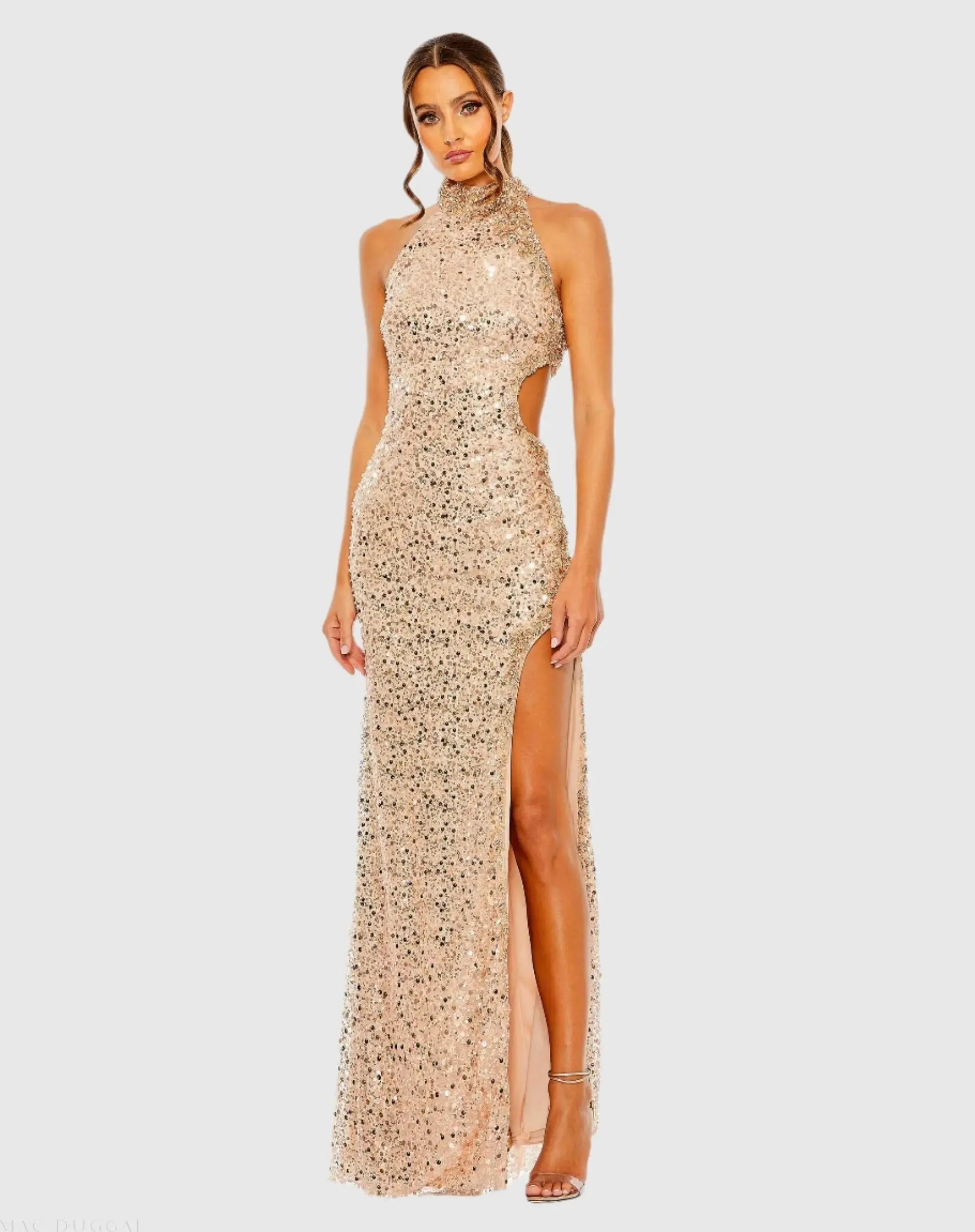 Side Cut Out High Neck Sequin Gown-Myartka
