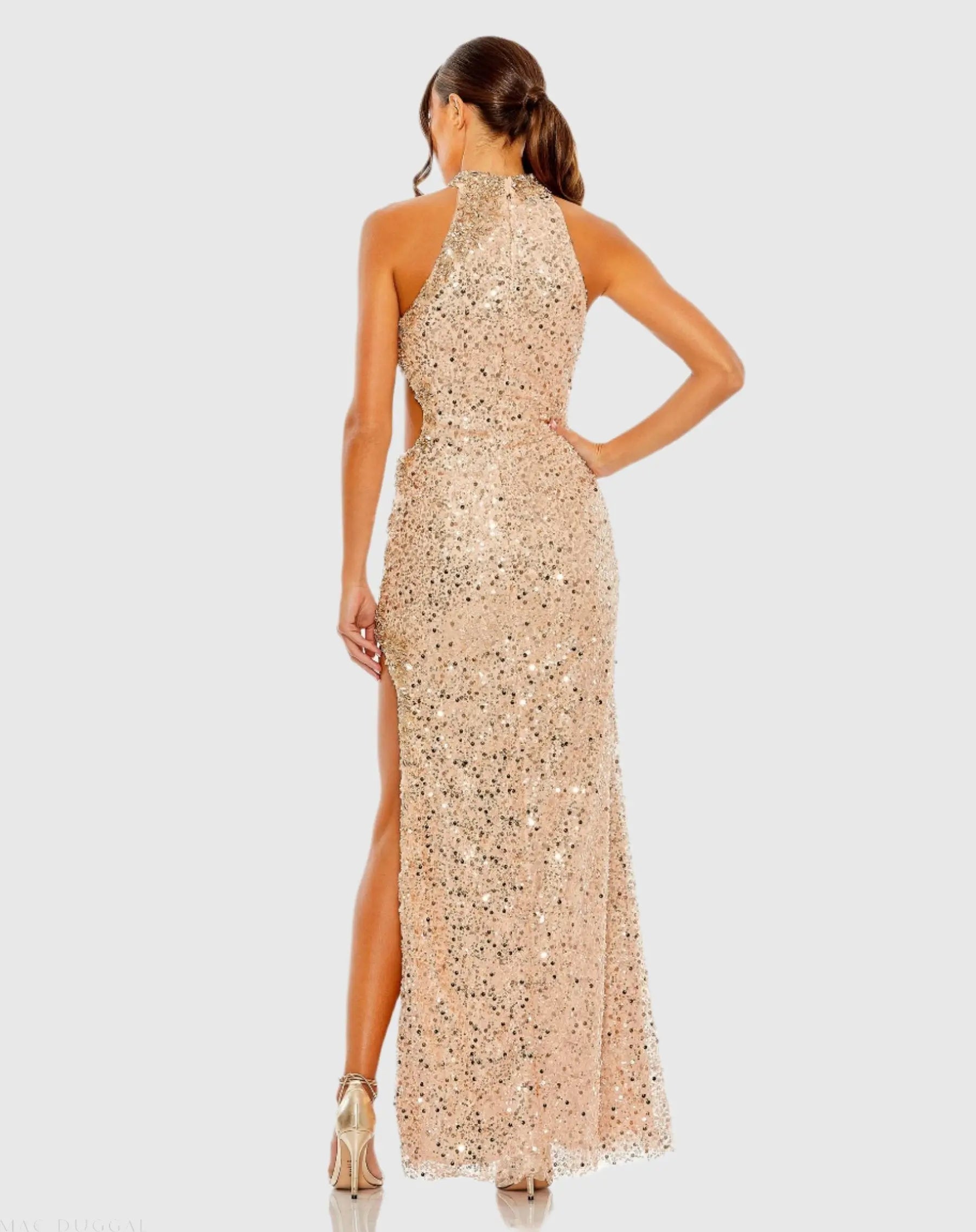 Gold Side Cut Out High Neck Sequin Gown-Myartka