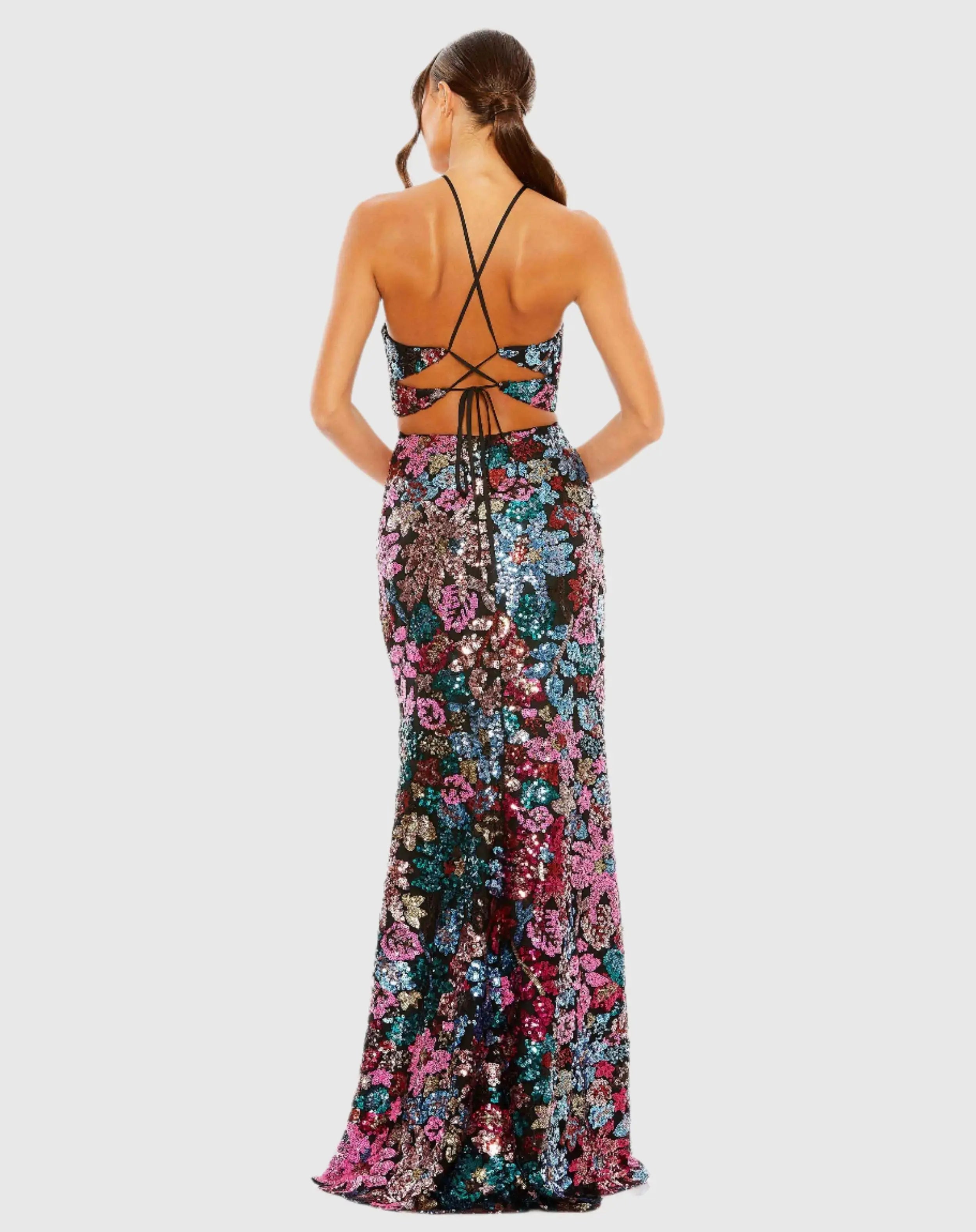 Black Sequin Embellished Cross Neck Gown-Myartka