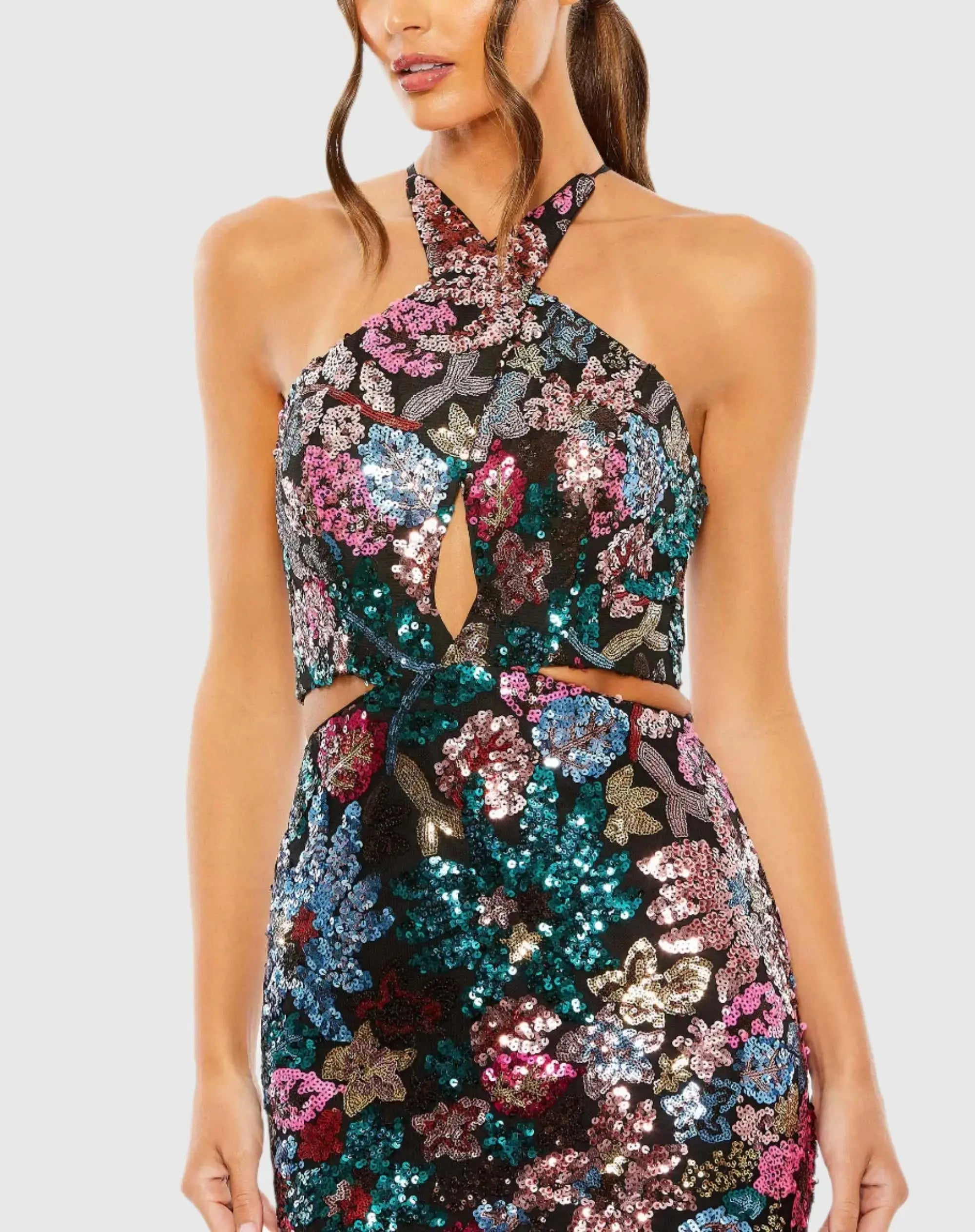 Black Sequin Embellished Cross Neck Gown-Myartka