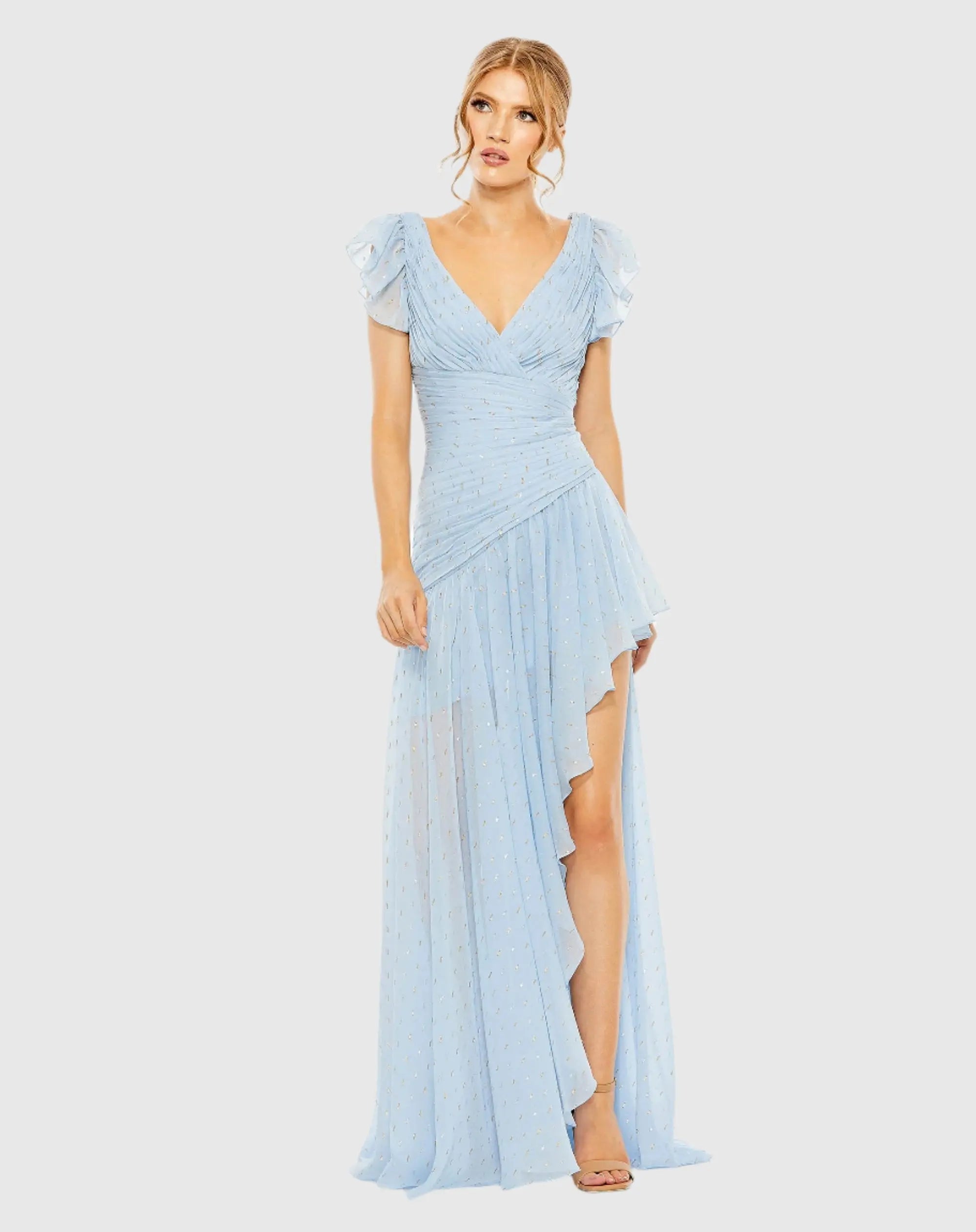 Blue Asymmetrical Ruched Gown With Flutter Sleeves-Myartka