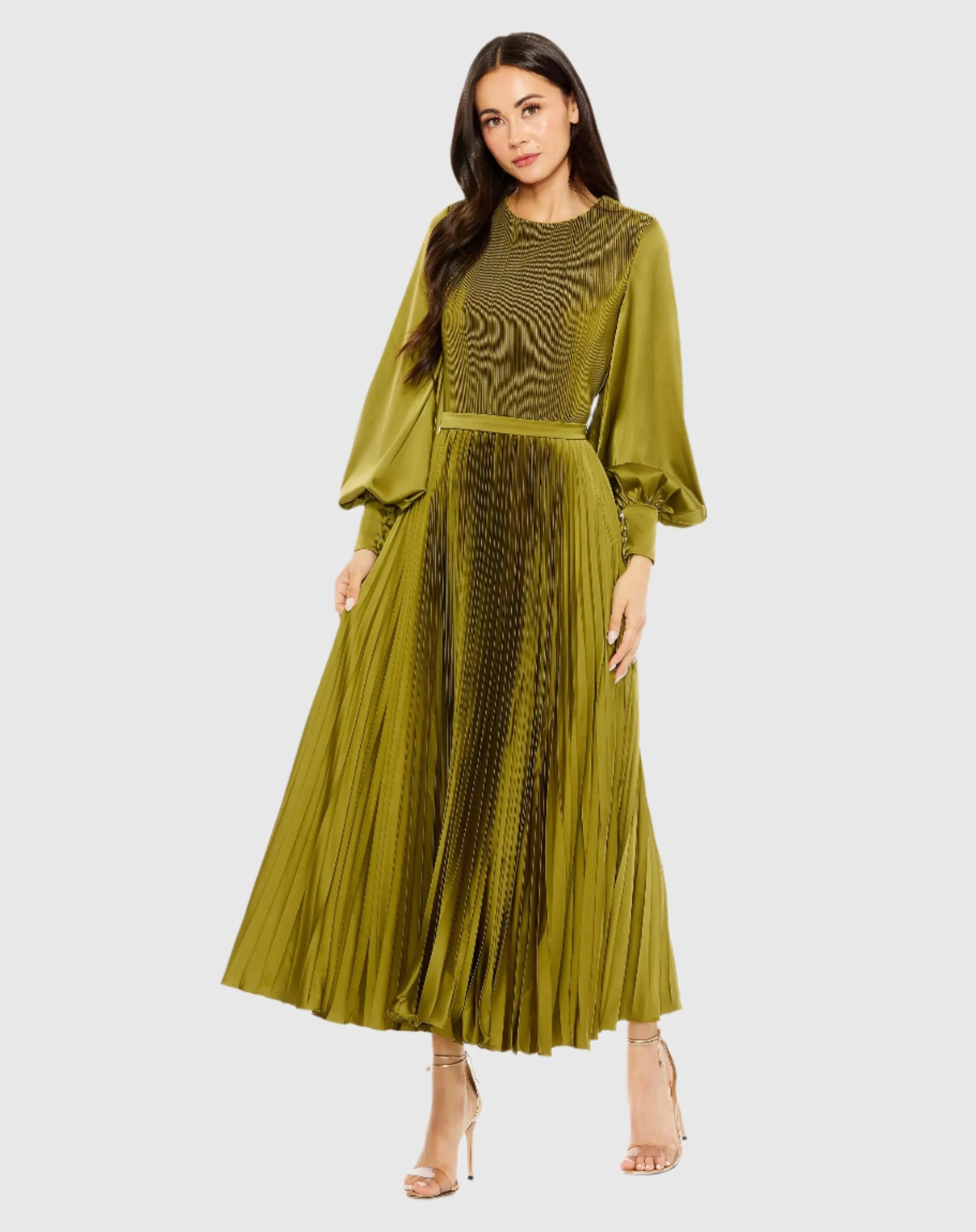 Green Long Sleeve High Neck Heat Pleated Dress-Myartka