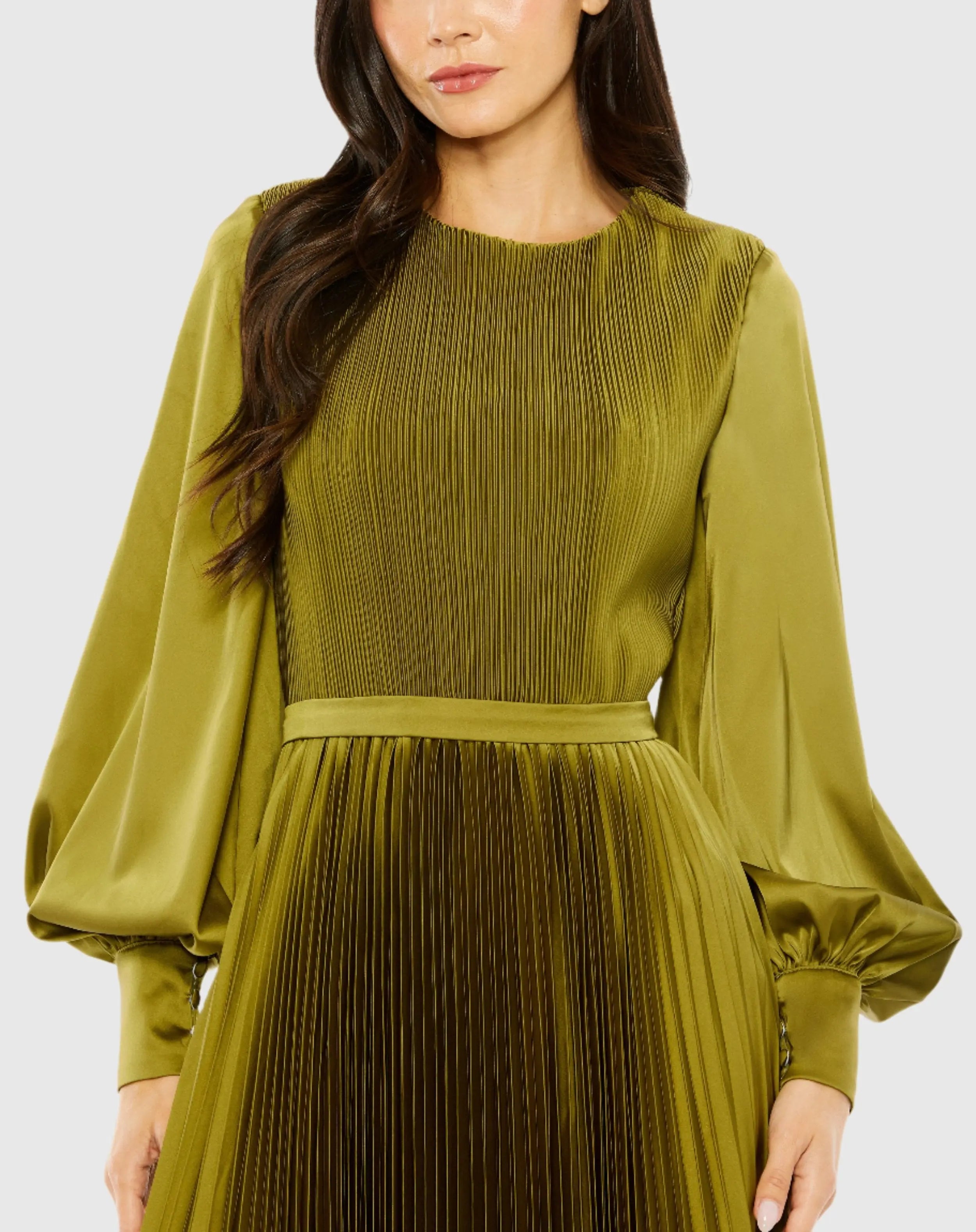 Green Long Sleeve High Neck Heat Pleated Dress-Myartka