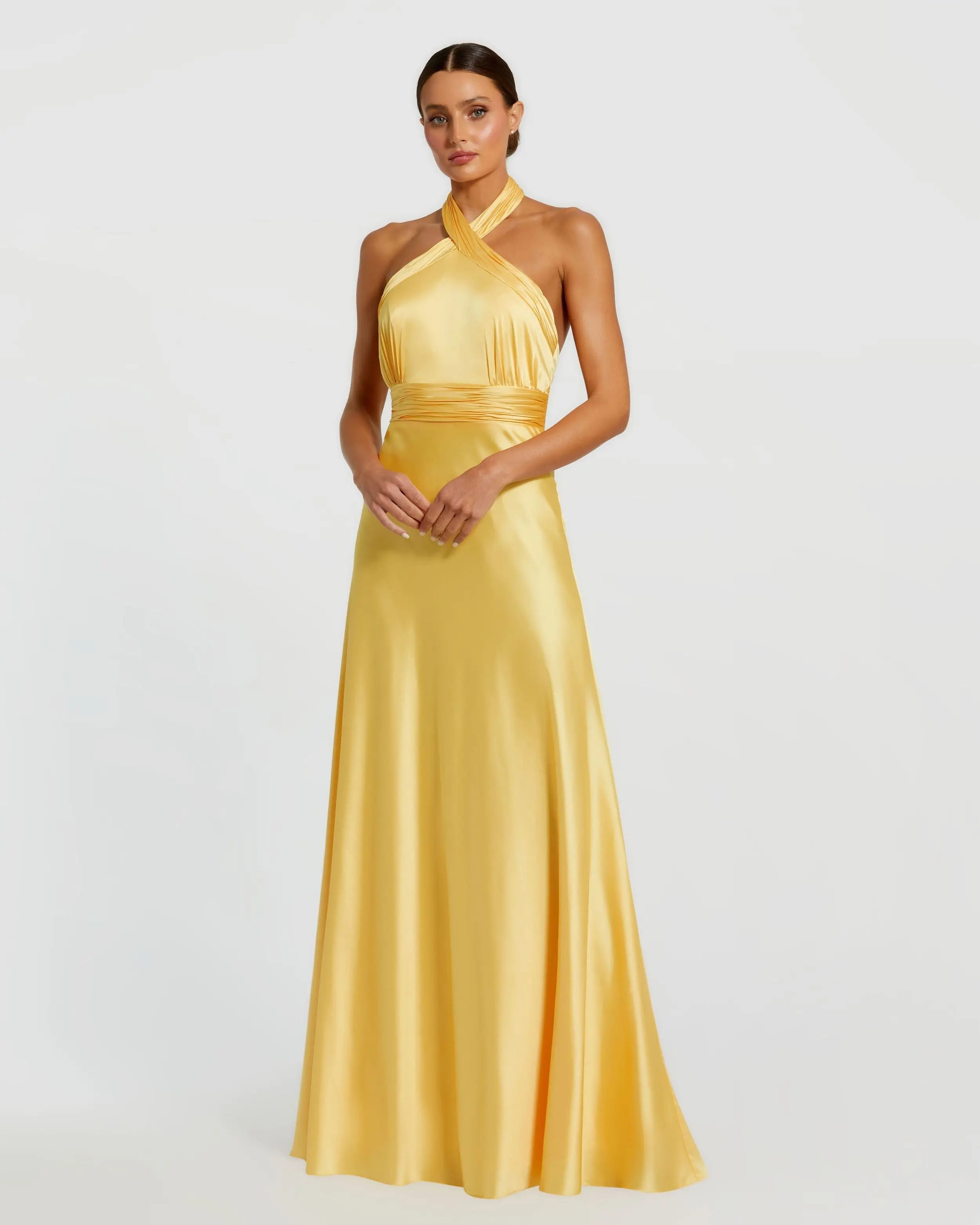 Yellow Ruched Halter Neck Tie Back Satin Gown-Myartka