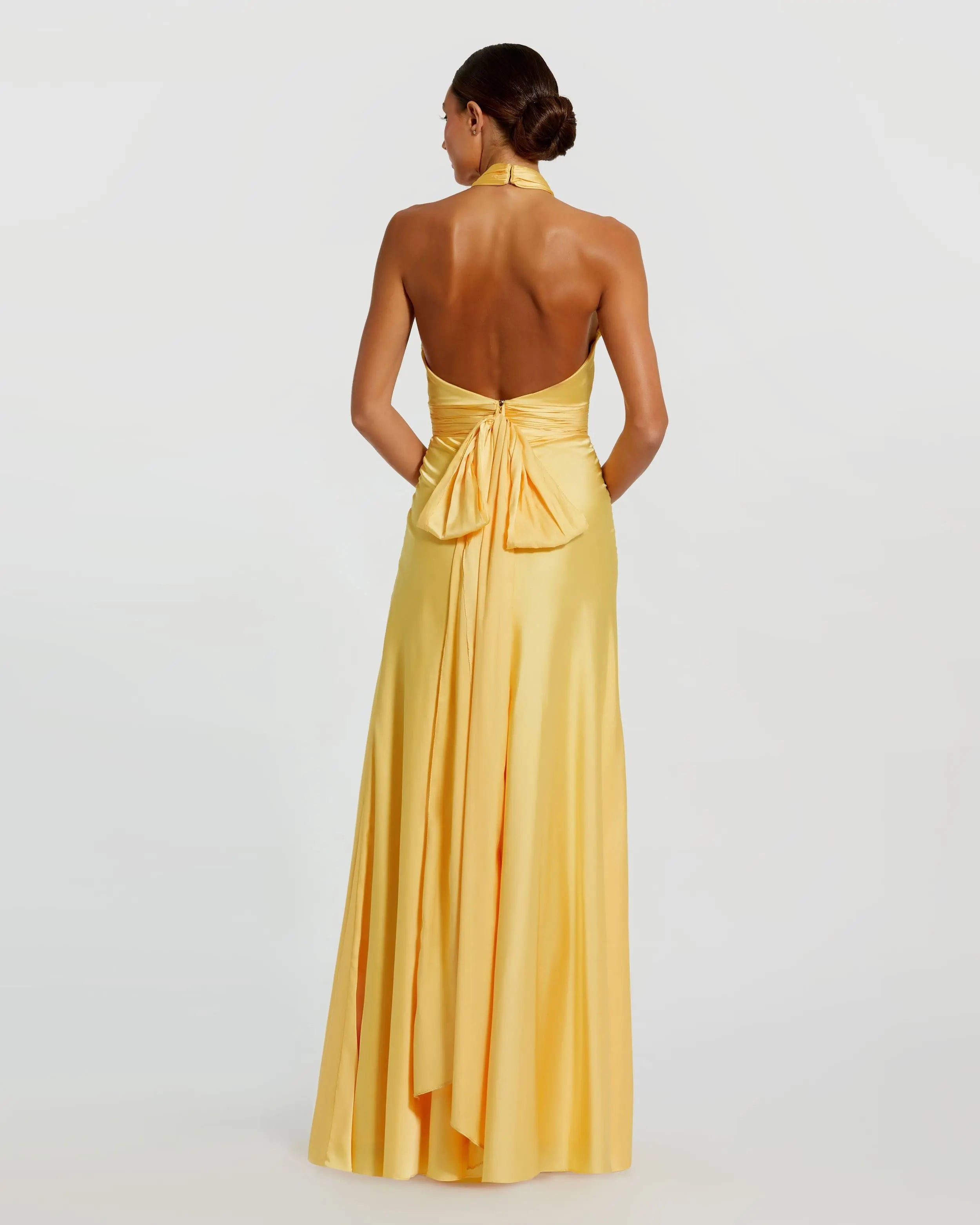 Yellow Ruched Halter Neck Tie Back Satin Gown-Myartka