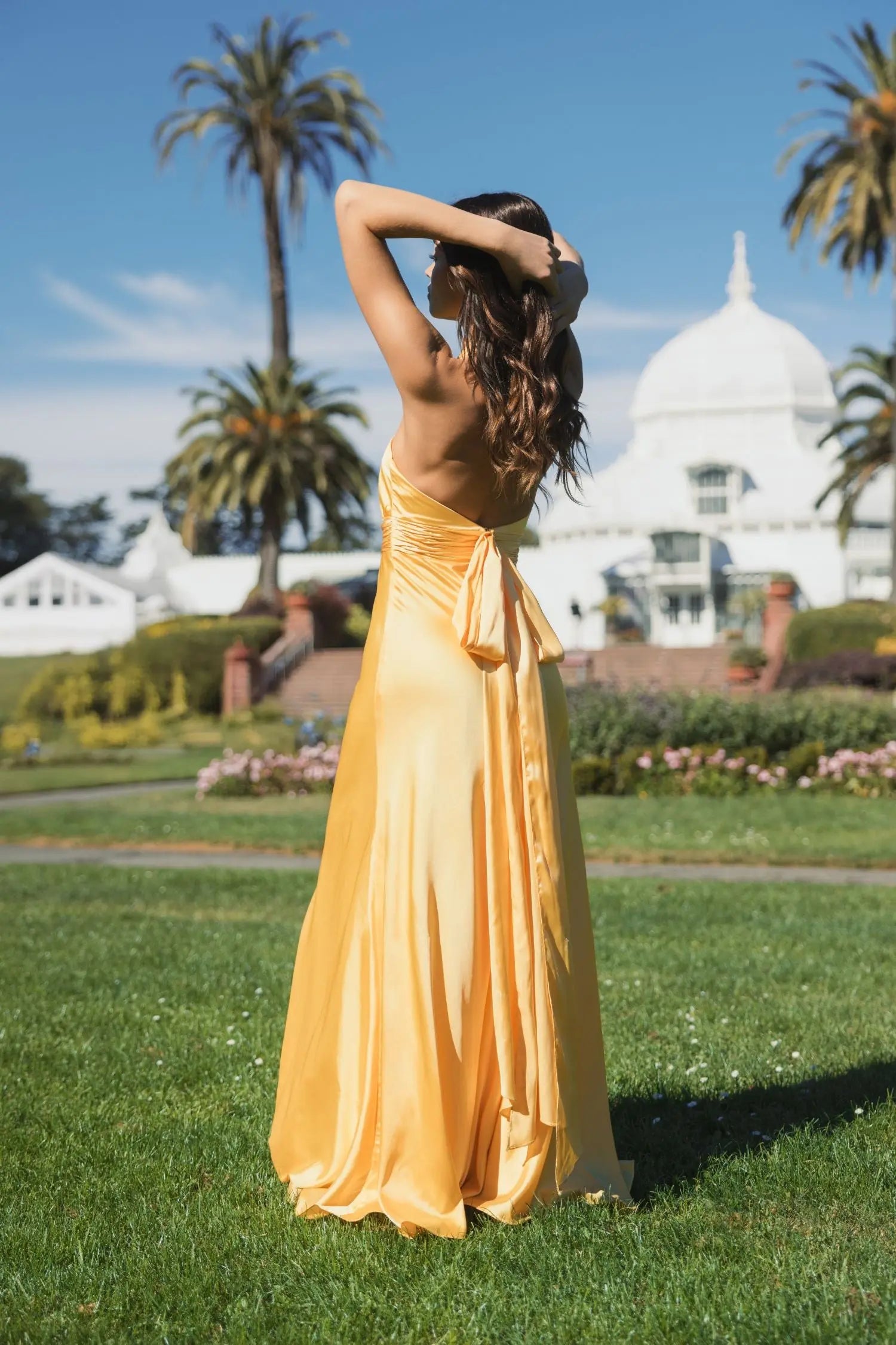 Yellow Ruched Halter Neck Tie Back Satin Gown-Myartka