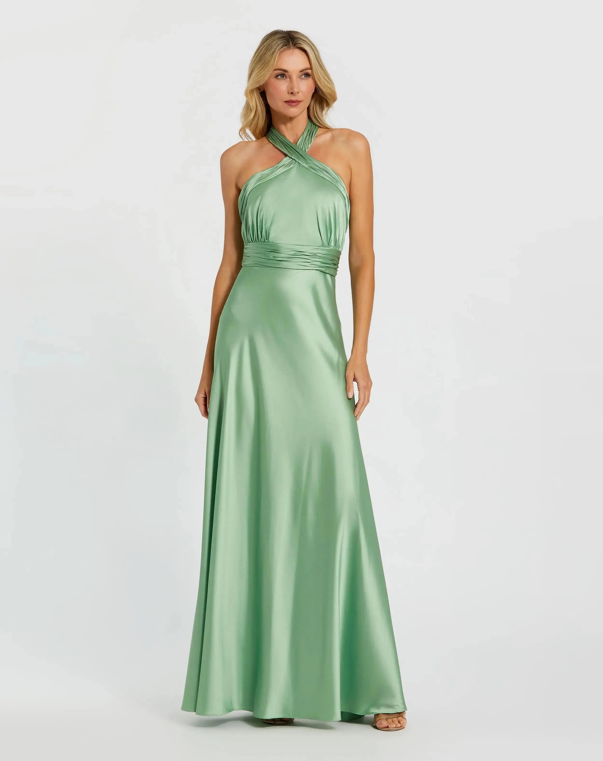 Green Ruched Halter Neck Tie Back Satin Gown-Myartka